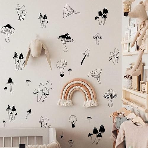 72 calcomanías de pared de hongos negros, calcomanías de pared de guardería de bosque para decoración de habitación de bebés niños o niñas,