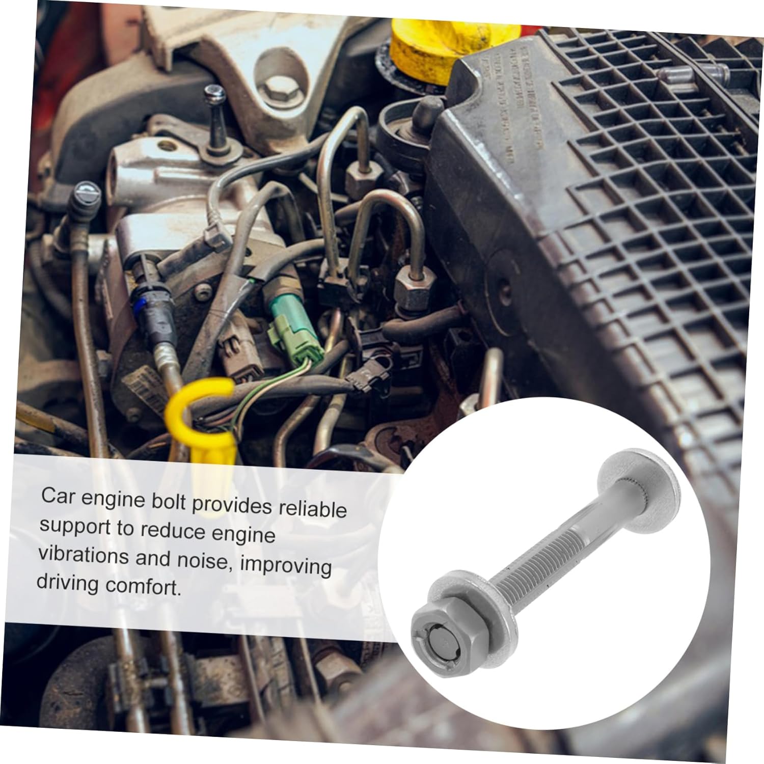 Close-up of car engine with bolt inset