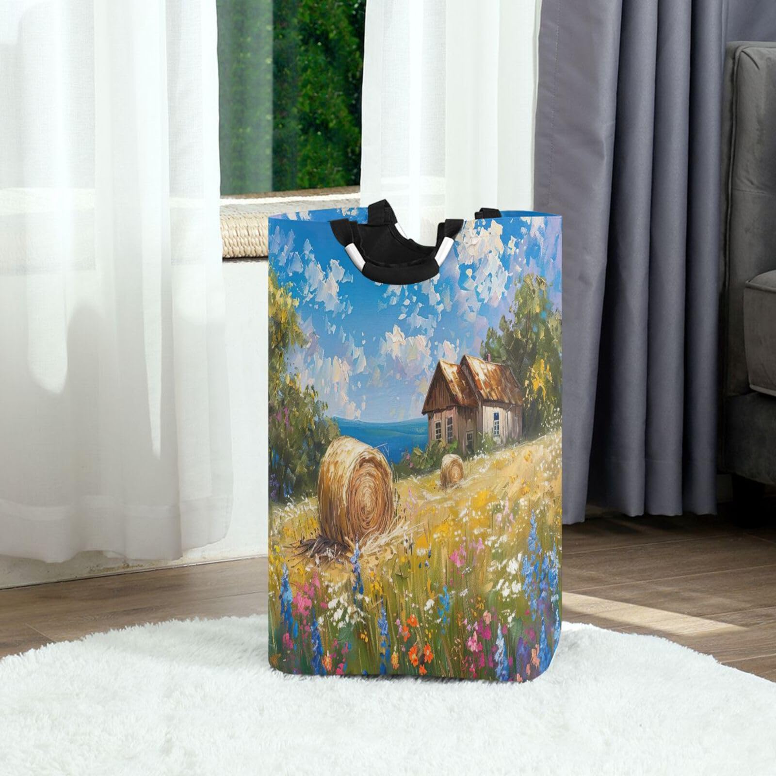 Jihqo Laundry Hamper Basket Beautiful Countryside House Collapsible Nursery Storage Bin Waterproof Clothing Baskets for Home Bedroom Bathroom Washing Room