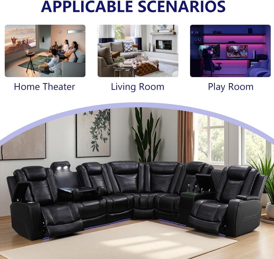 Power Recliner Sectional Sofa Set, Living Room Furniture Sets, L-Shape Recliner Sofa & Chair Set, Breathing Leather Reclining Couch with Cupholers/Storage for Living Room (Sectional,Black pro)
