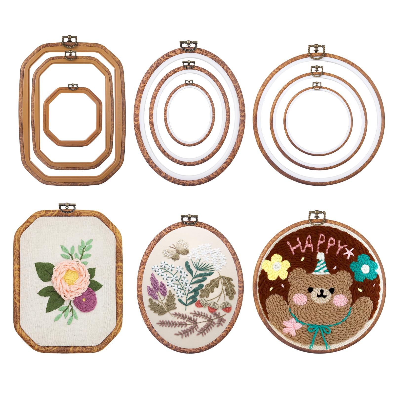 9 Pcs Embroidery Hoop Frame Set Decorative Imitated Wood Embroidery Hoop Display Frame for Art Craft Sewing Decorative Ornaments, Circle, Oval,
