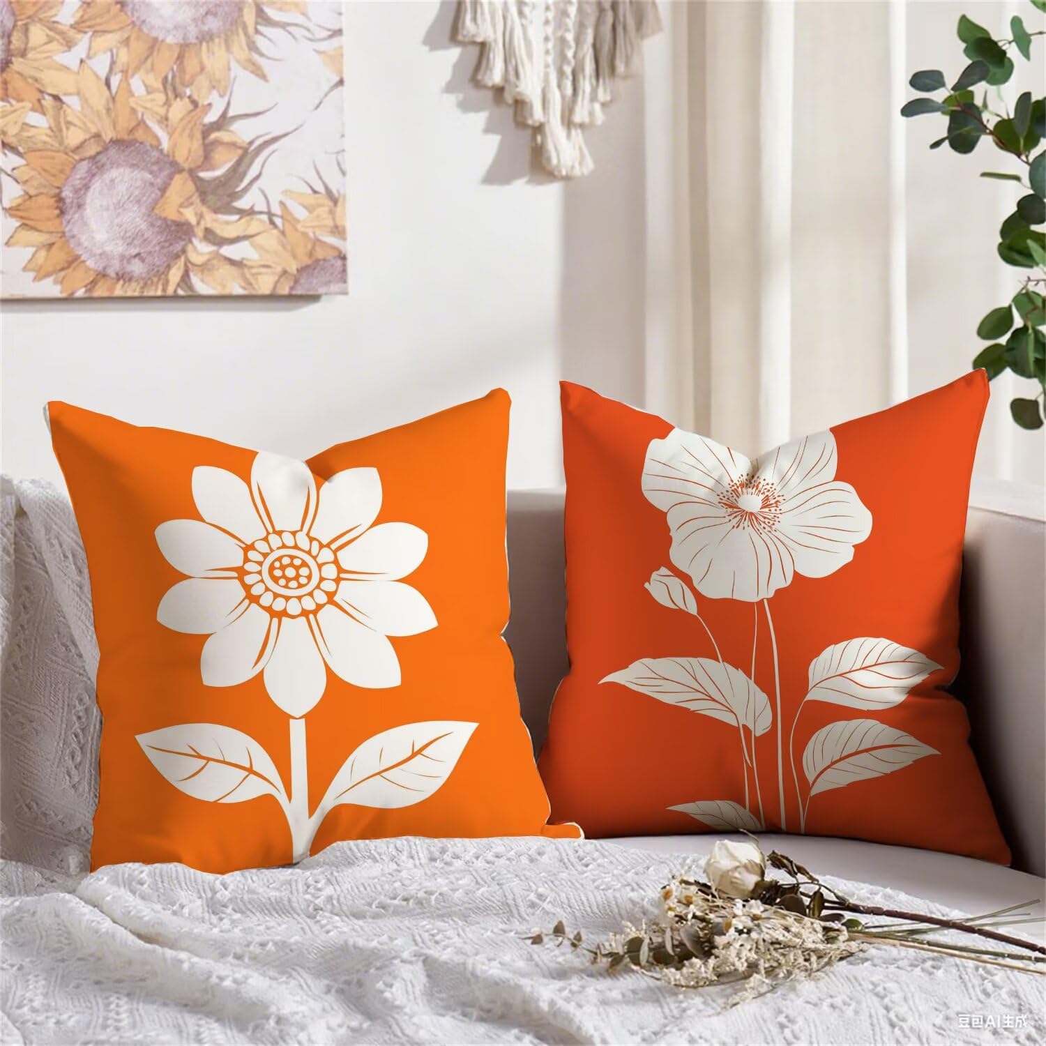 Federa per cuscino da esterno, impermeabile, con fiori arancioni, 65 x 65 cm, in lino, decorativa, quadrata, con stampa su entrambi i lati, cuscino da giardino, per soggiorno, decorazione per la casa