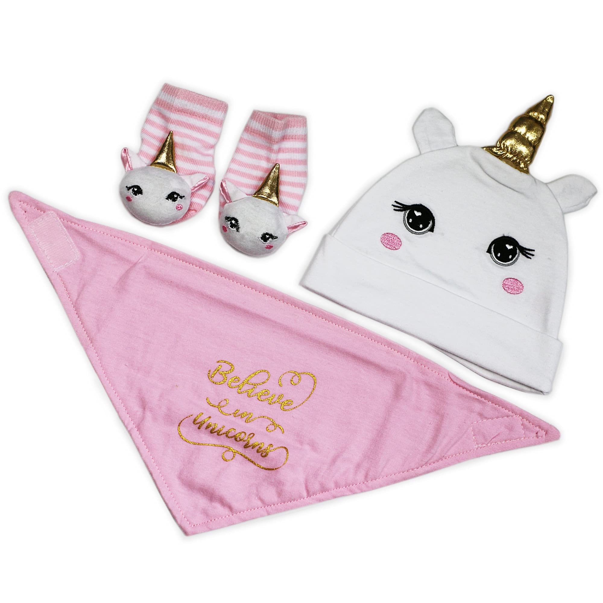 Metzuyan Newborn Baby Girls Unicorn Hat Bib & Socks With Rattle Bells Set Size 0-6 Months