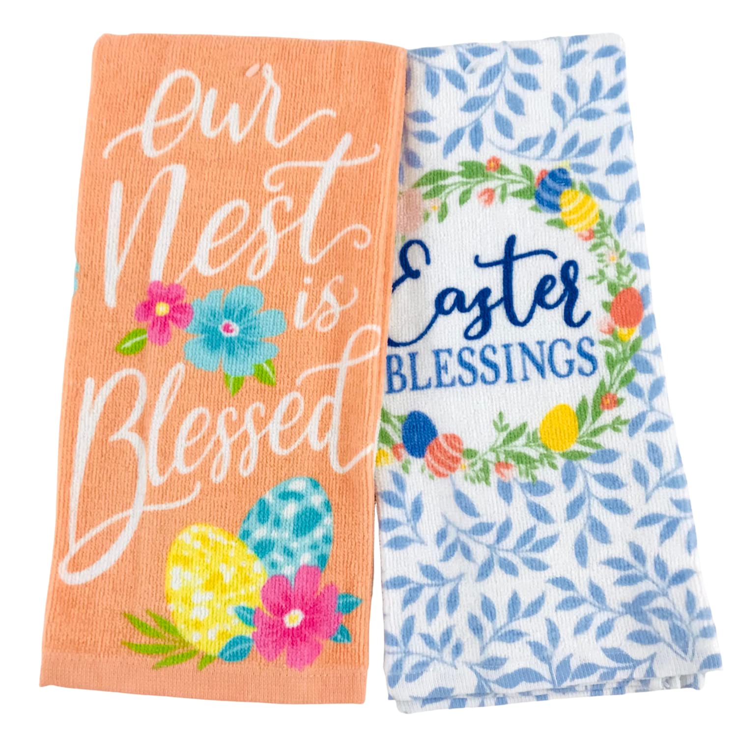 Easter Spring Kitchen Dish Towels, 2 Pc. Set: Blessed Nest with Easter Eggs and Flowers (Orange/Multi)