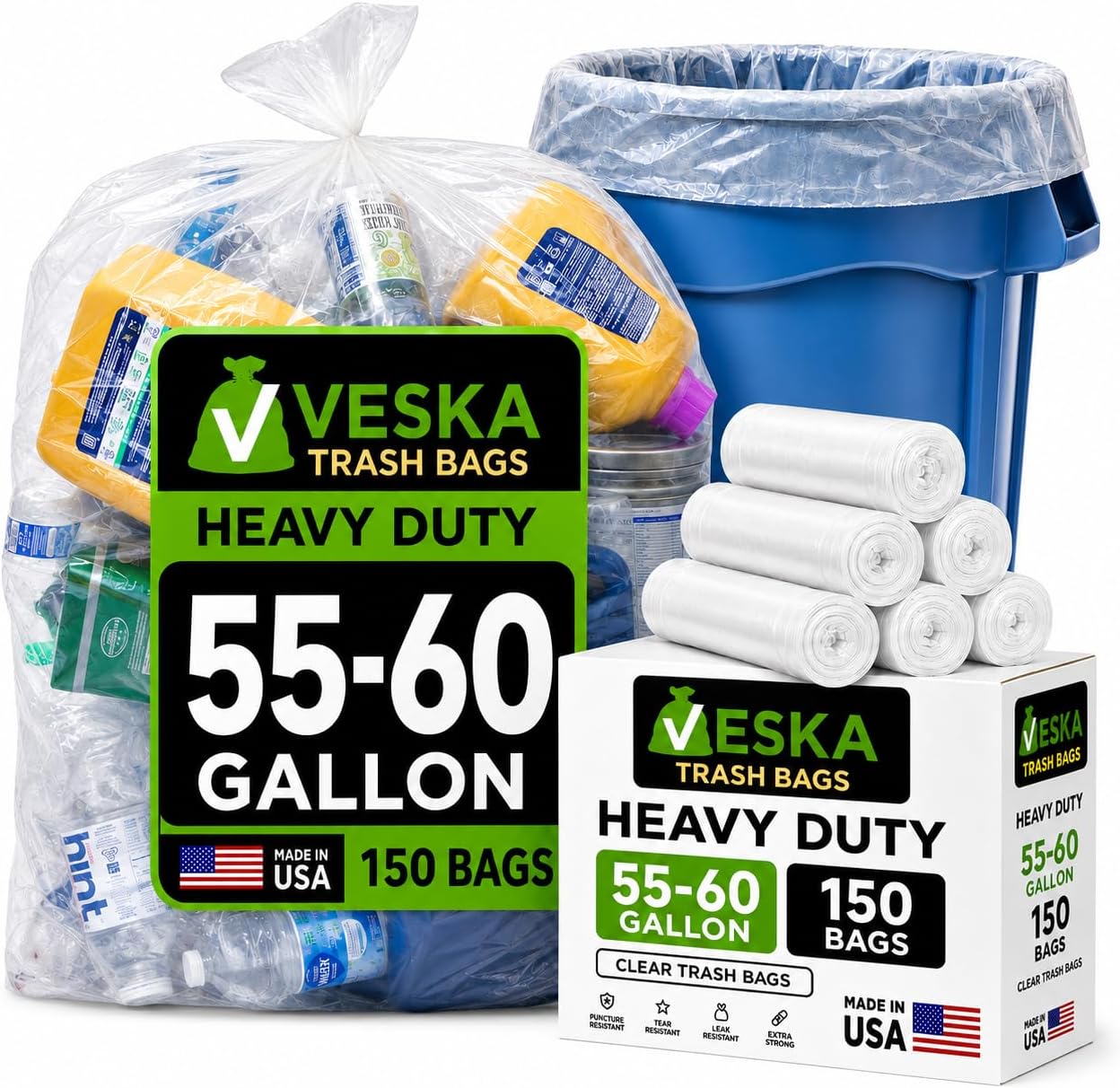 Veska 55-60 Gallon Trash Bags, Large Clear Garbage Bags,150 Bags Bulk Can Liners Perfect for Office, Waste, and Storage Use, Recycling, Yard Waste, and Leaf Collection, Rollaway Bin Liners