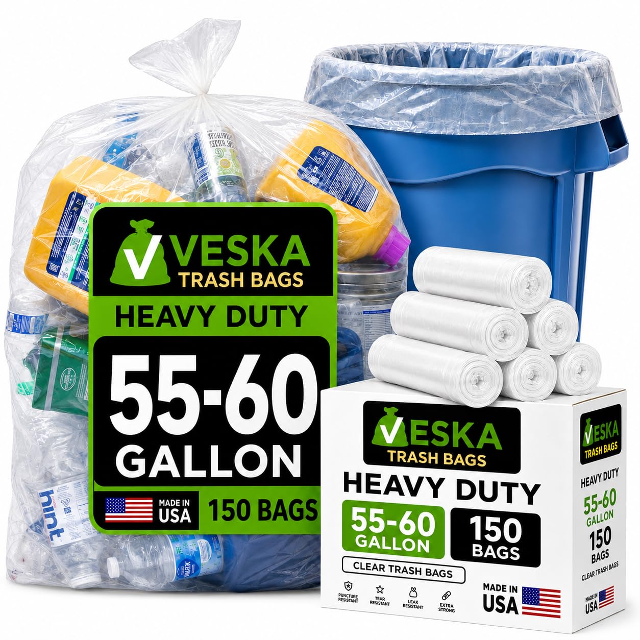 Veska 55-60 Gallon Trash Bags Clear 150 Count