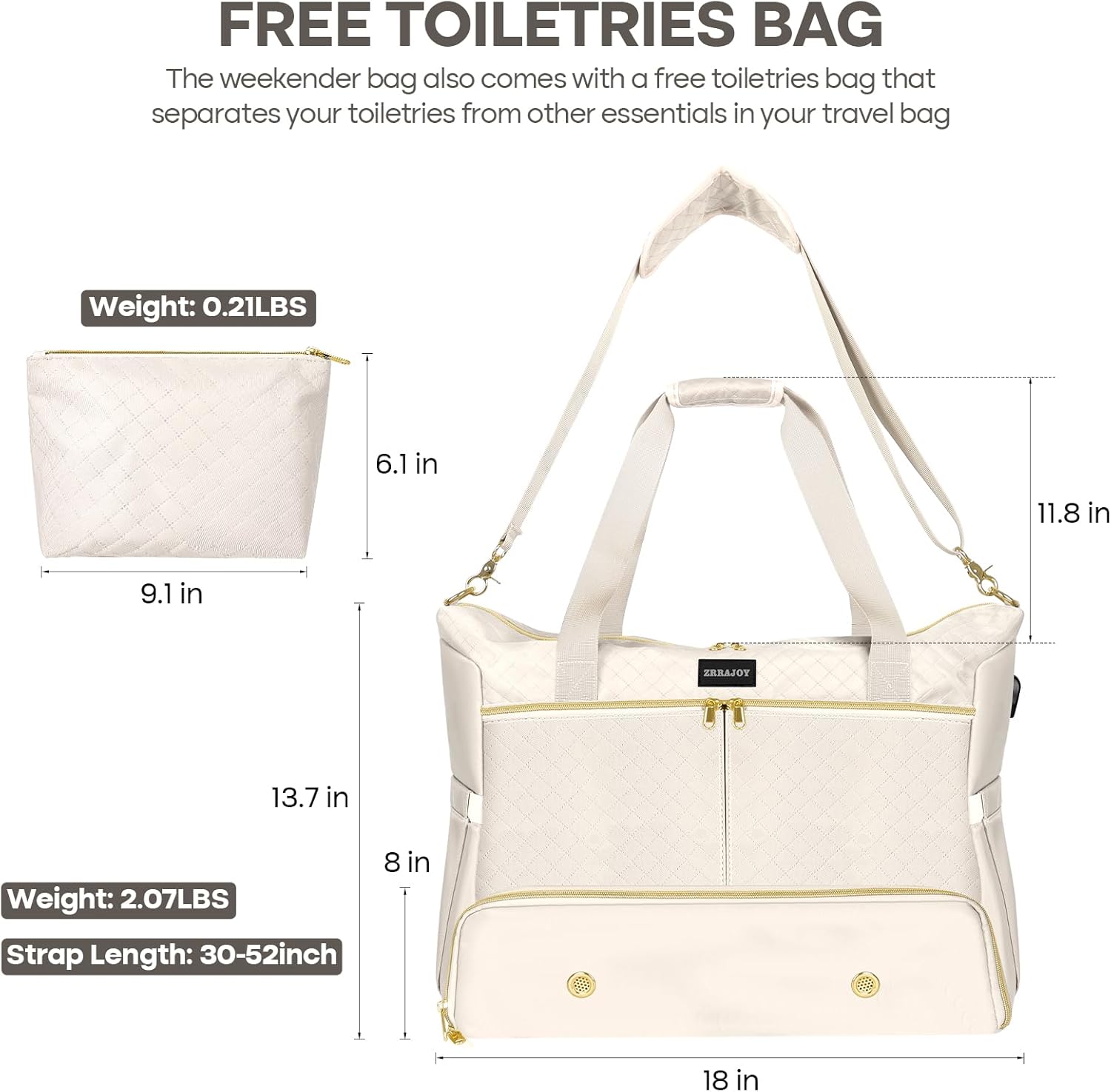 Weekender Overnight Bag for Women, Large Travel Duffel with Shoe Compartment, Wet Pocket, USB Charging Port, Carry-On Gym Tote Bag (Beige) - Image 2