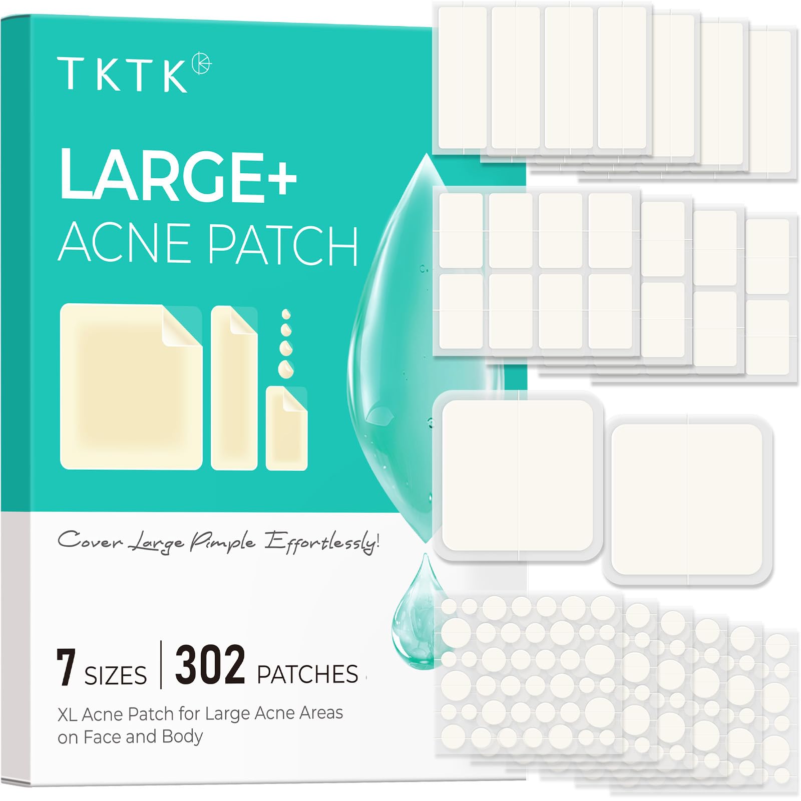 TKTK Large Pimple Patches for Face 7 Sizes XL Acne Patches, Big Hydrocolloid Bandages for Body Chin, Forehead, Chest