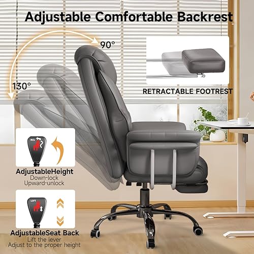 Miniatura 5 de Silla de oficina grande y alta, silla ejecutiva de cuero extra ancha de 550 libras con reposapiés retráctil, silla ergonómica de alta resistencia,