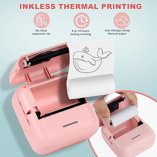 Miniatura 5 de Impresora portátil, impresora adhesiva con 5 rollos de papel térmico, regalo para niños, amigos, impresora monocromática para fotos, diarios, 1