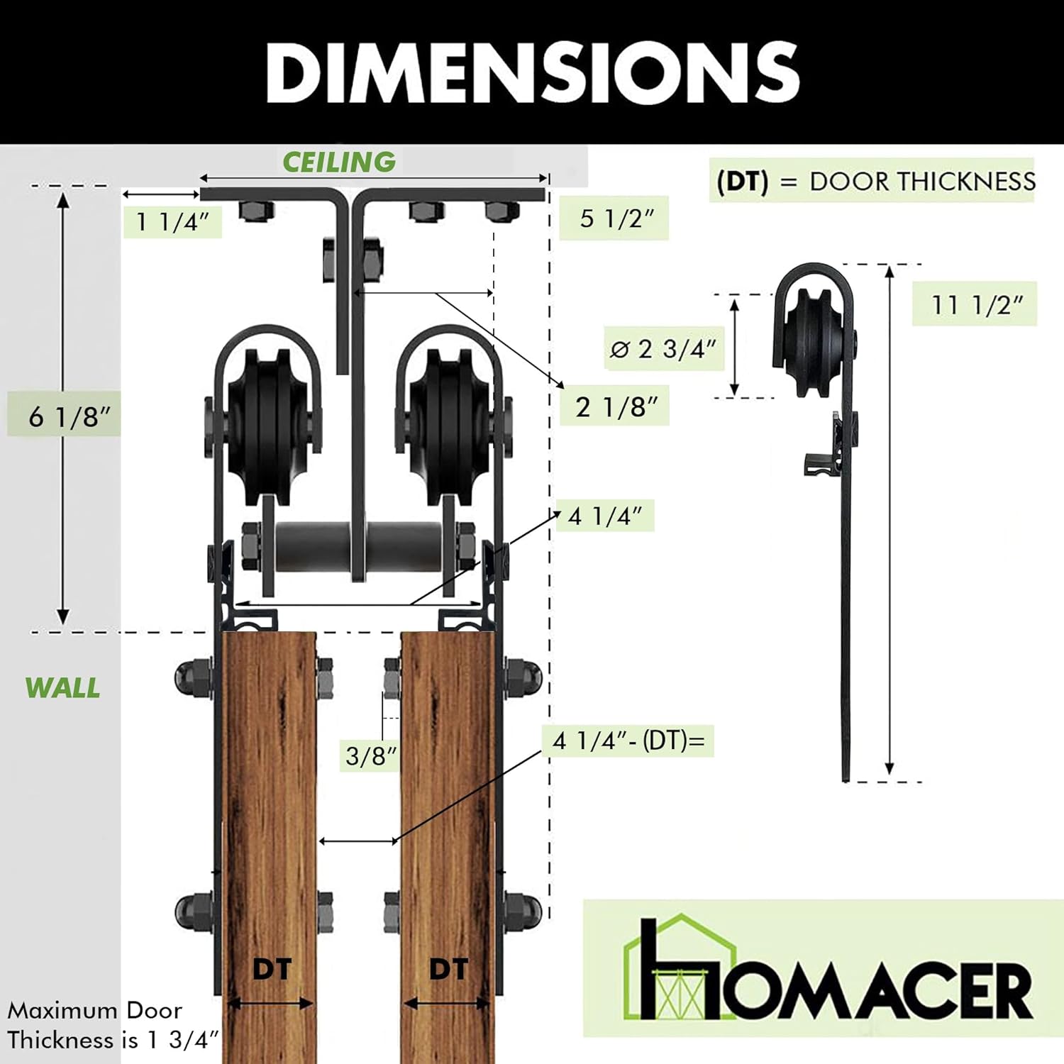 Homacer Black Rustic Ceiling Mount Double Track Bypass Sliding Barn Door Hardware Kit, for Two/Double Doors, 8ft Long Flat Track, Interior Use Only (Doors are not Included)
