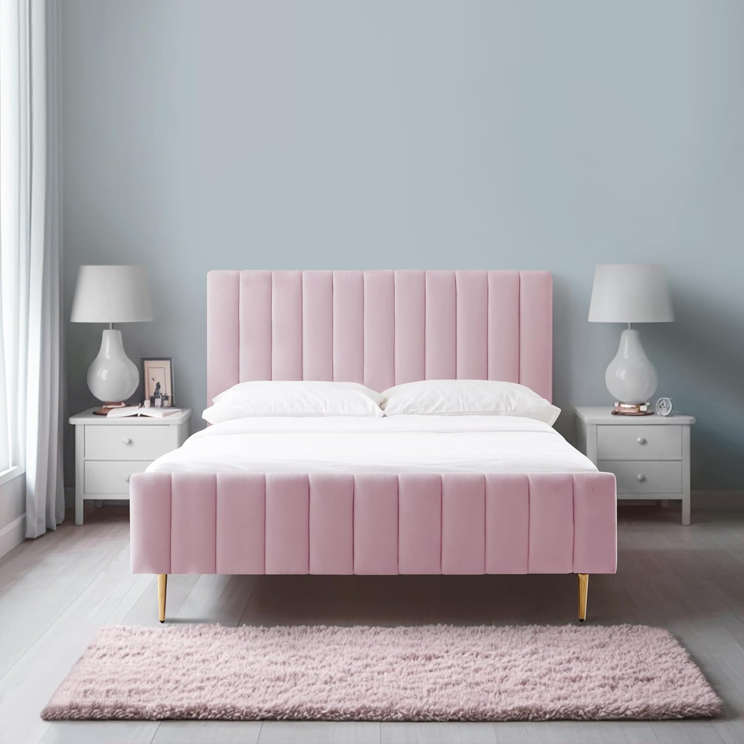 Livinia Full Size Elton Velvet Platform Bed, Upholstered Bed Frame with Vertical Channel Tufted Headboard Footboard, Strong Wood Slats, No Box Spring Needed, Pink (Full)
