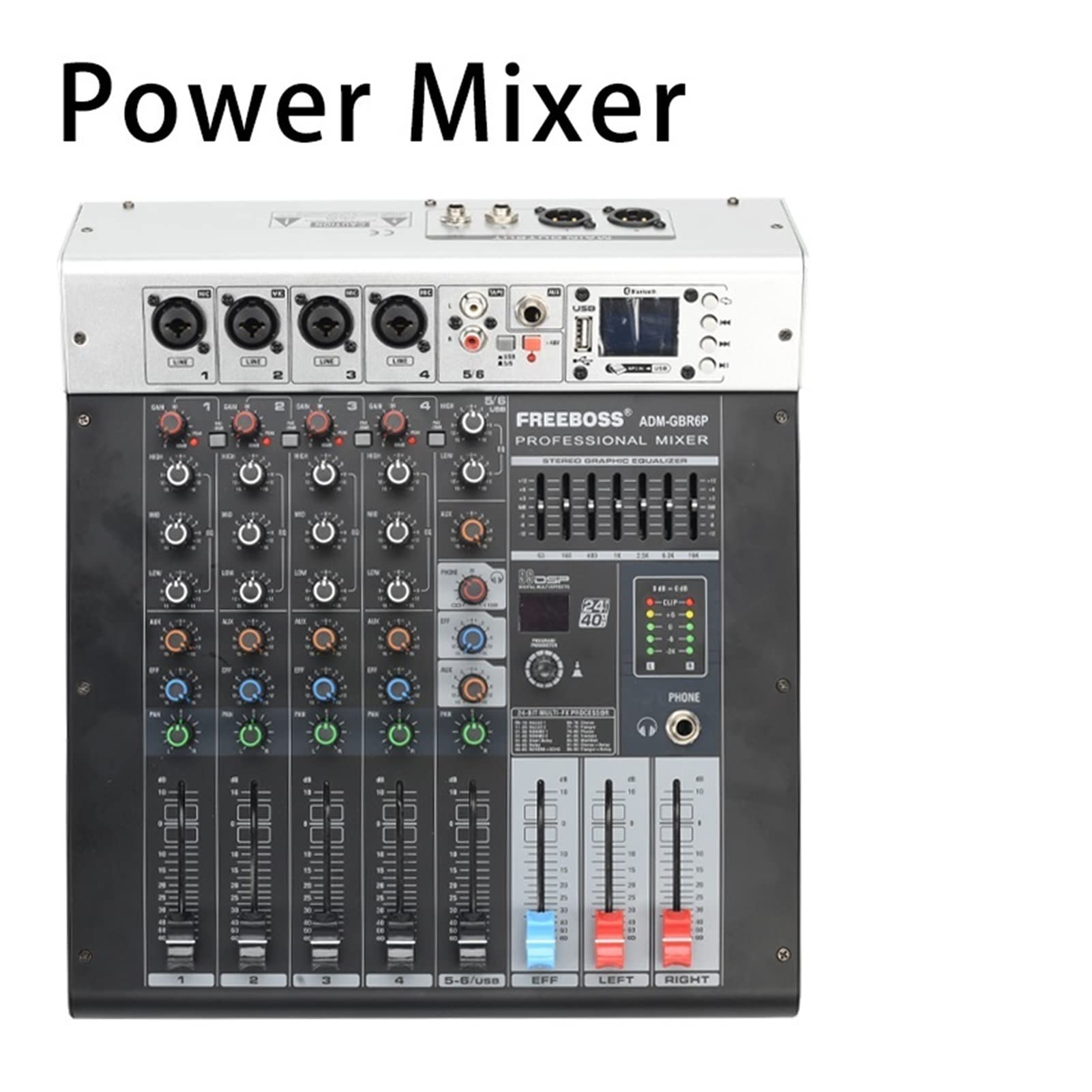 Attrezzatura per DJ per Feste ADM-GBR6 Serie 48 V Phantom Power RepAeat Effect USB Funzione Bluetooth Karaoke DJ Console 9 9dsp Canale Audio 6 Mixer(ADM-GBR6P)