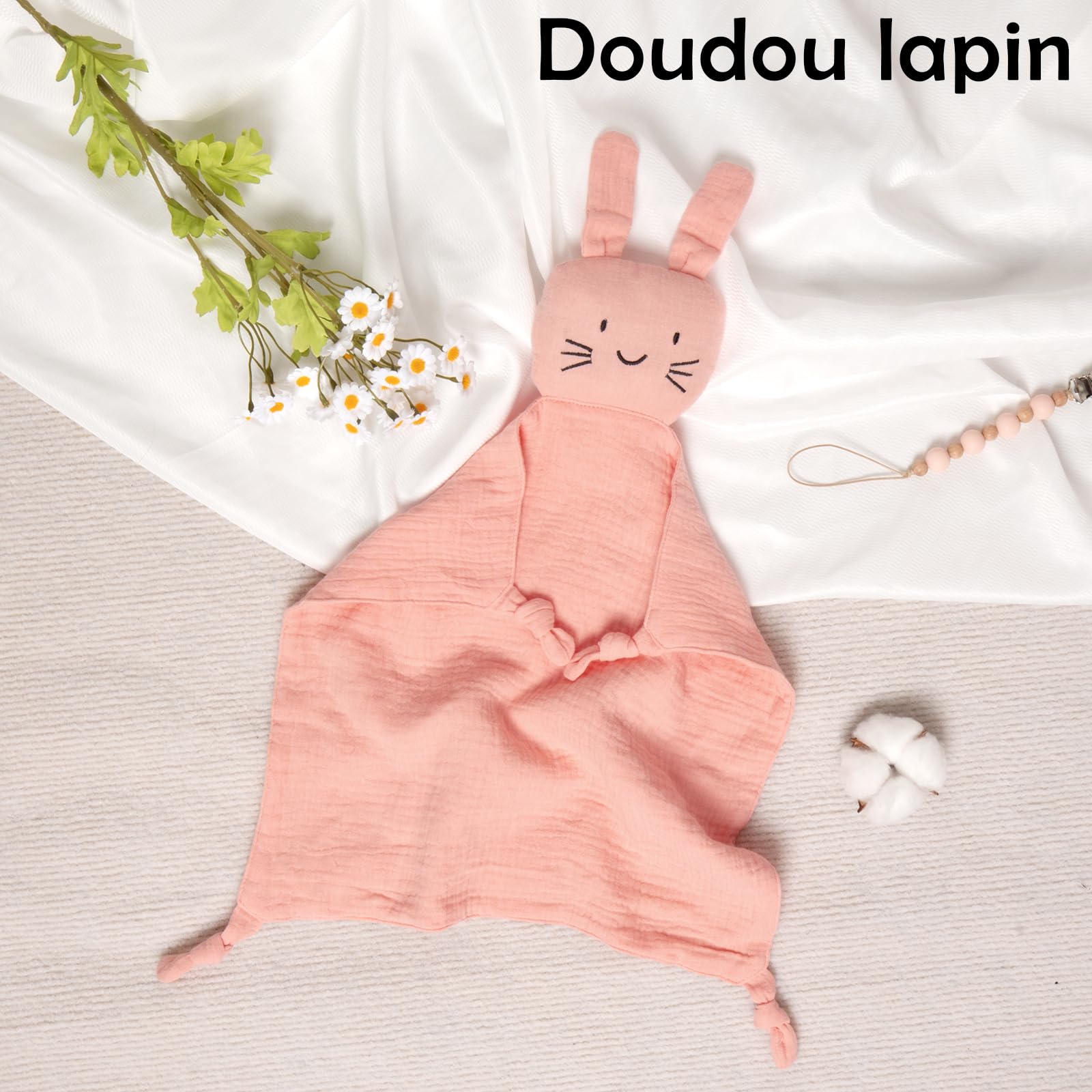 Coffret cadeau bébé 6 en 1 couverture mousseline doudou bavoir chaîne tétine pied carte cadeau Rose