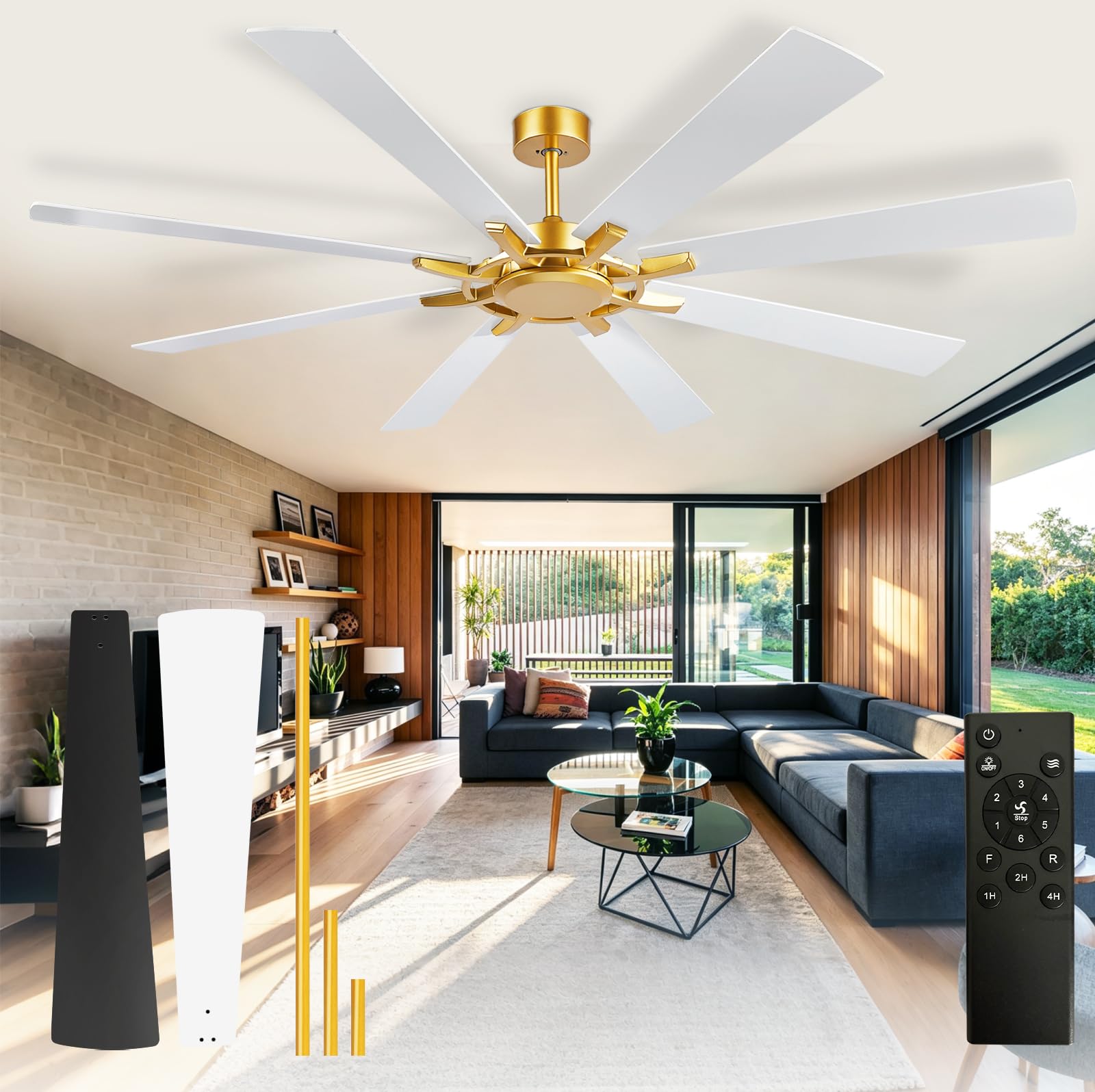 Depuley Ceiling Fan Without Light: Big Indoor Outdoor Fan with Remote Control - Large Ceiling Fan no Light 8 Blade Reversible Quiet DC Motor Memory Function Timer 72 Inch White