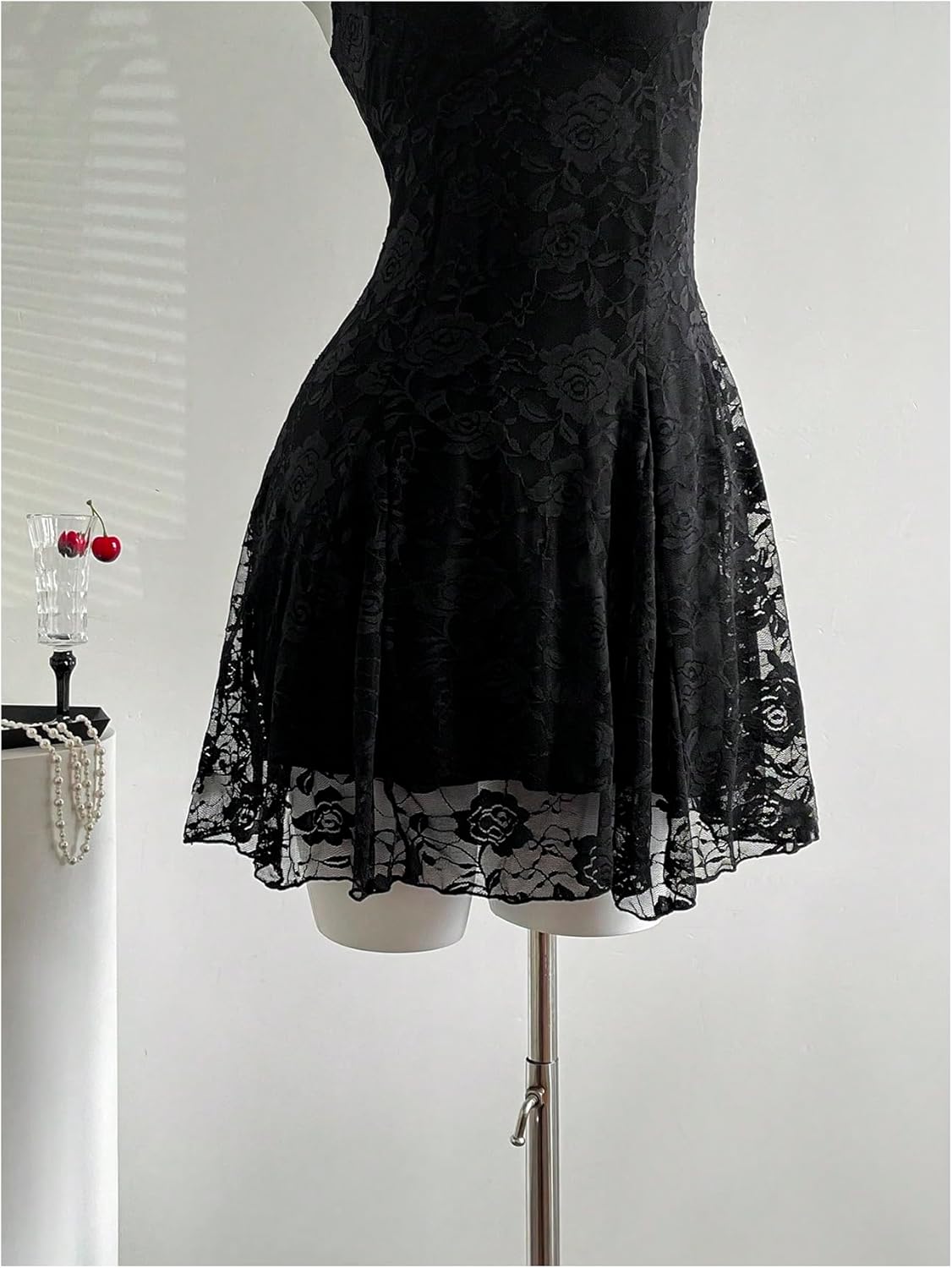 Women's Y2k Floral Gothic Dress Mesh Lace Goth Mini Dresses Grunge Ruched Short Cami Sundress Black Small - Image 4