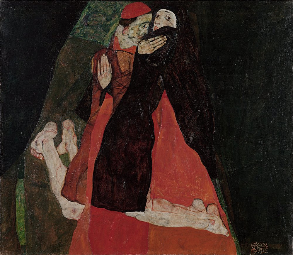 Cuadro de Egon Schiele Cardinal and Nun con marco marrón para decorar tu rincón de lectura