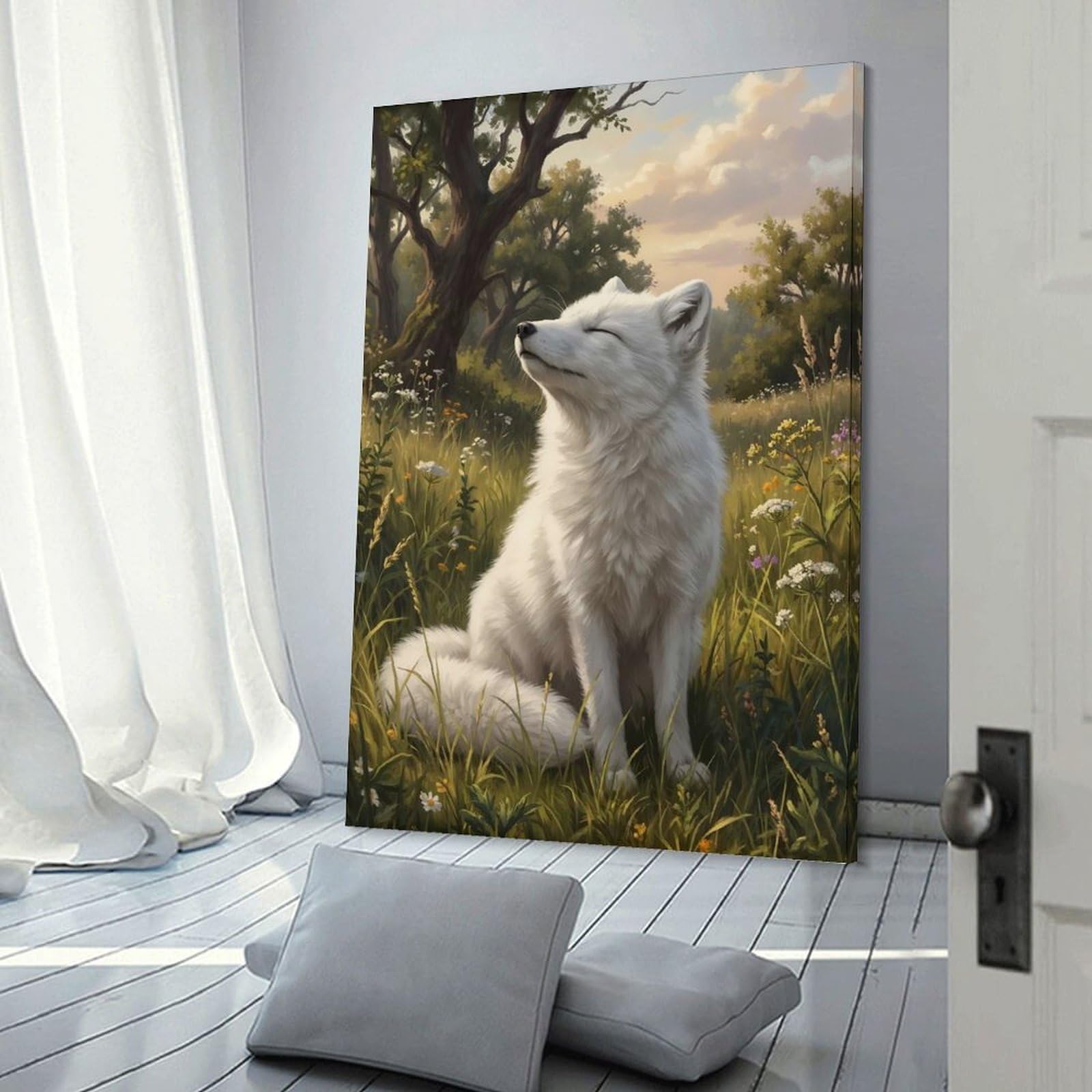 Junmoney White Fox in Meadow Wall Picture Print, 20x30inch(50x75cm), for Flats, Guest Rooms Or Compact Rooms, Decorative Canvas Decor for Home Updates
