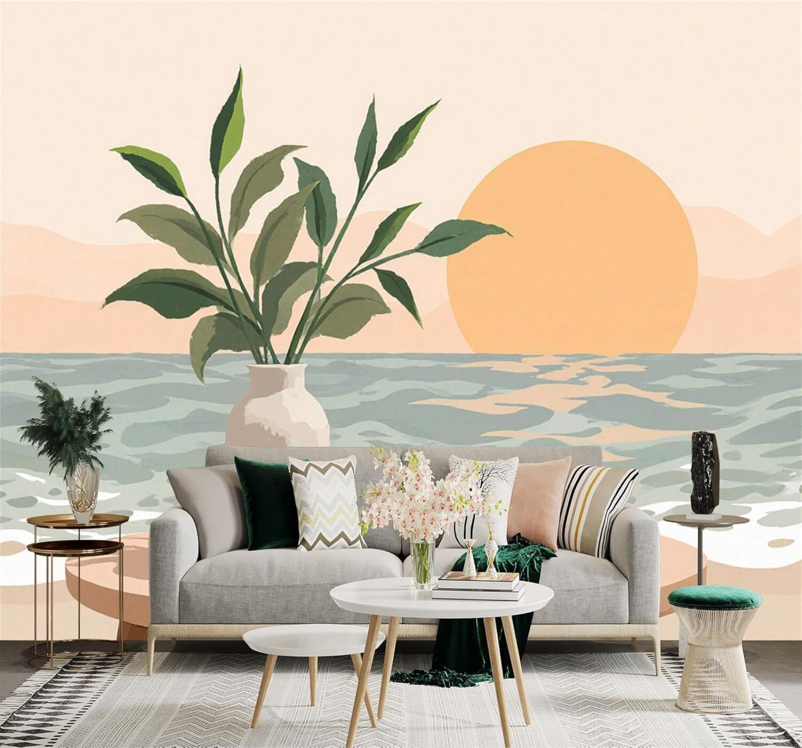 Minimalist Vase Green Leaves Soft Sunset Seascape 3D Wallpaper Creative Modern Decoration Murals Home Decor Study Living Room Bedroom Sofa Background-250cm×170cm