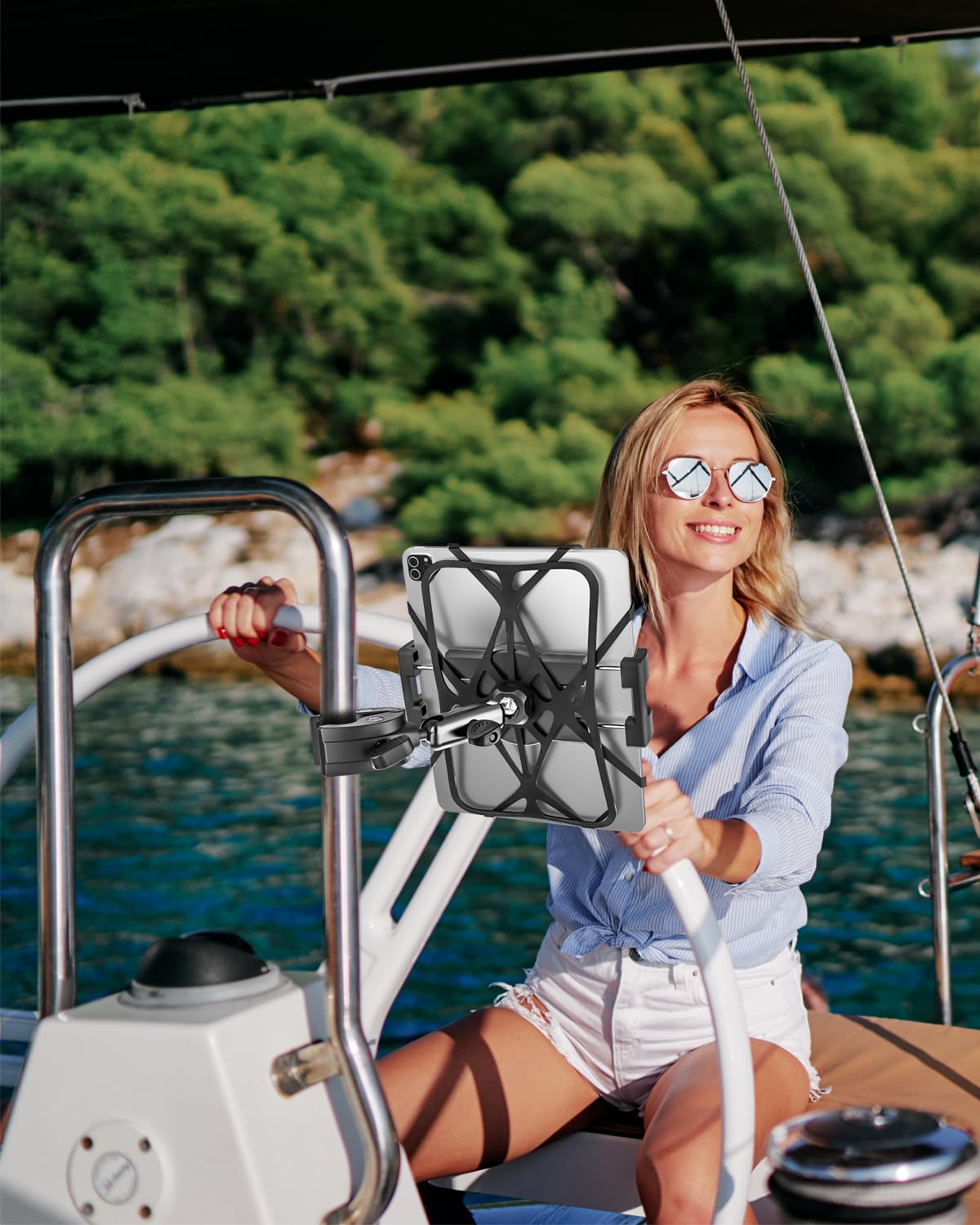 Metal iPad Tablet Mount for Boat Helm, Wheelchair Pole, Golf Cart, Stroller, Mic Stand, Fitness Bike, Road Mountain Bicycle - 360° Adjustable Handlebar Clamp for 4.7-13