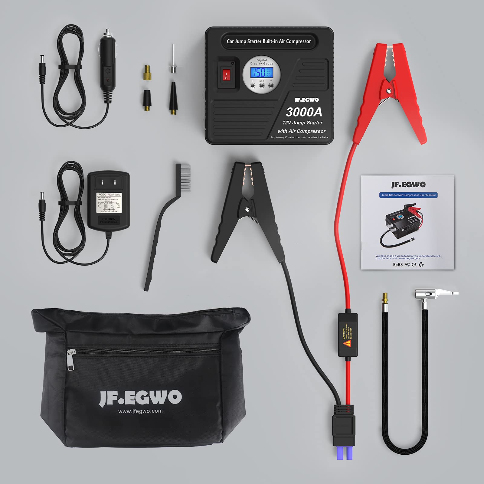 JF.EGWO 3000Amp Car Jump Starter with Air Compressor, 150PSI Tire