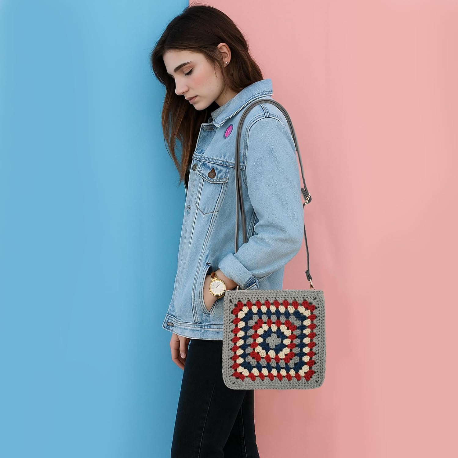 Noocro Crochet Kit Granny Square Crochet Bag Kit – DIY Felt Purse with Hook, Wool Yarn, Markers, Guide & Video – for Intermediate or Ambitious Beginners (Vintage Gray)