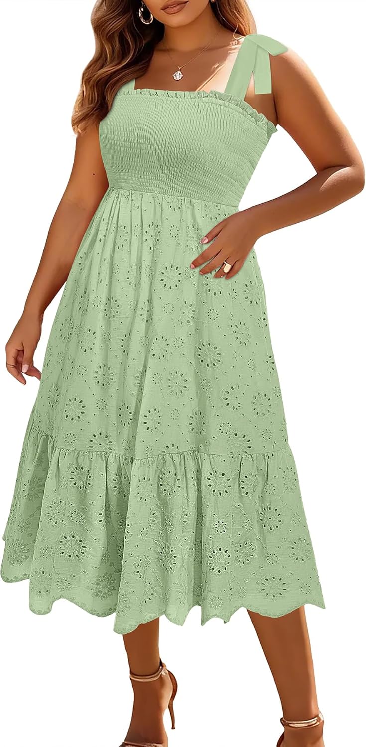 Plus Size Summer Dress 2025 - Sun Boho Casual Beach Spaghetti Strap Eyelet Midi Sundress