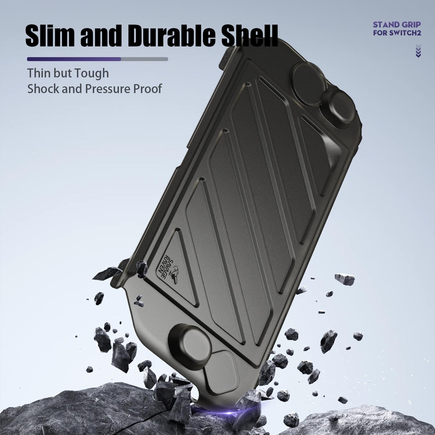 Savage Raven by Skull & Co. StandGrip Front Cover Bundle for Nintendo Switch 2: Protective Case with Textured Grips Full Protection and Hard-Shell Front Cover Handheld Design - Smoky Black