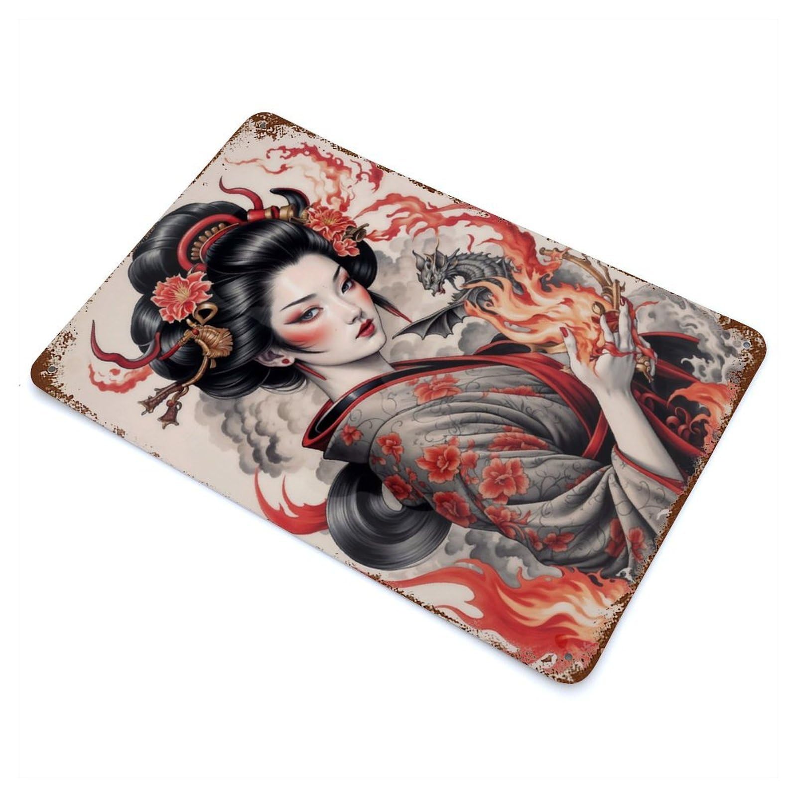 Geisha Japan Rustic Tin Plaque 11.8"x7.9", for Living Room, Hallway And Home Decor, Decorative Metal Wall Art