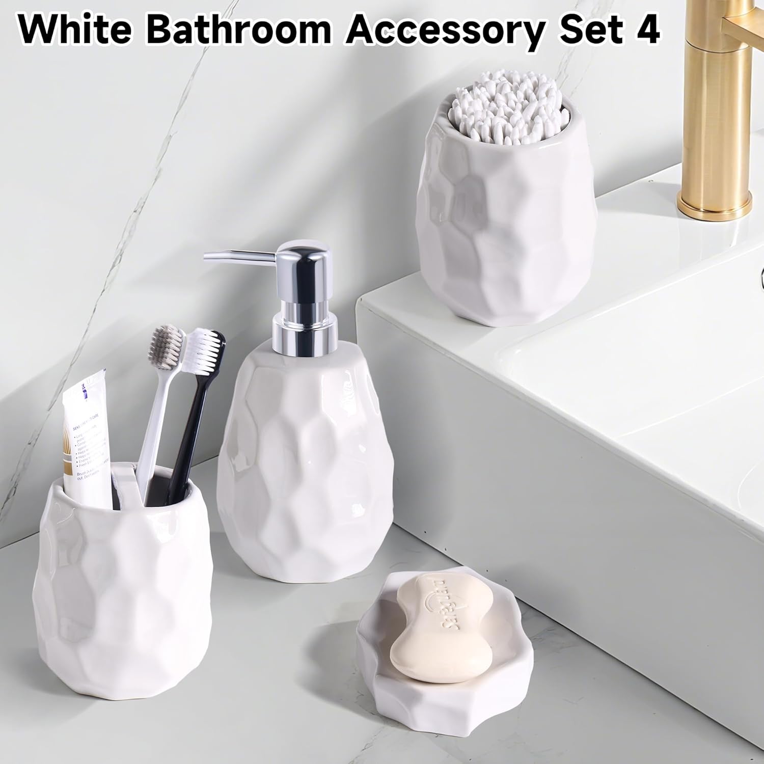 Ceramic Bathroom Accessories Set 4 PCS,Bathroom Toothbrush Holder Set,Soap and Toothbrush Holder Set,Include Toothbrush Holder,Soap Dispenser,Tumbler,Soap Dish,Bathroom Sets Decor Organizer (White) - Image 7