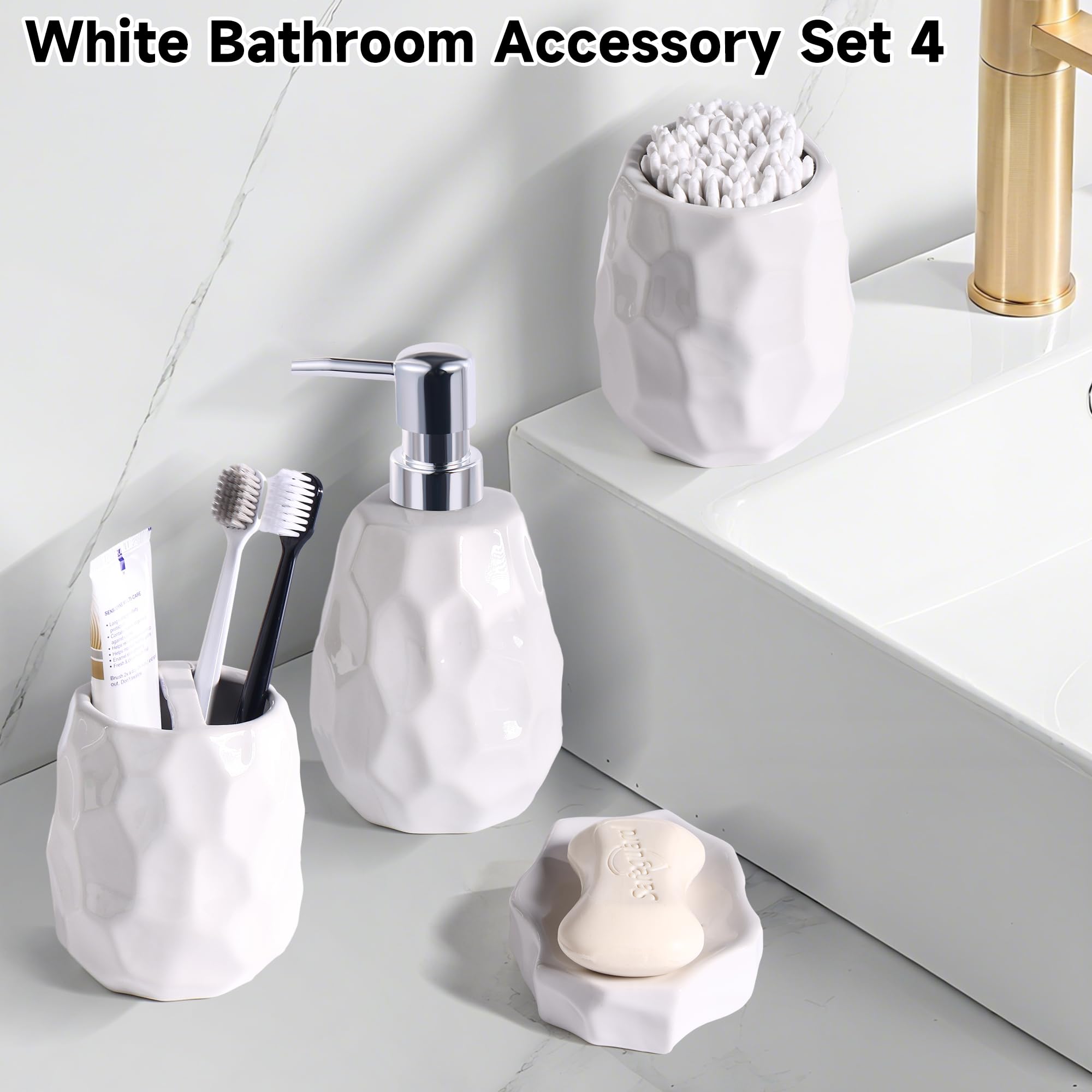 Juego de 4 accesorios de baño de cerámica, juego completo de baño grueso, incluye soporte para cepillo de dientes, dispensador de jabón, bandeja de tocador, vaso, organizador de baño con jabonera 5