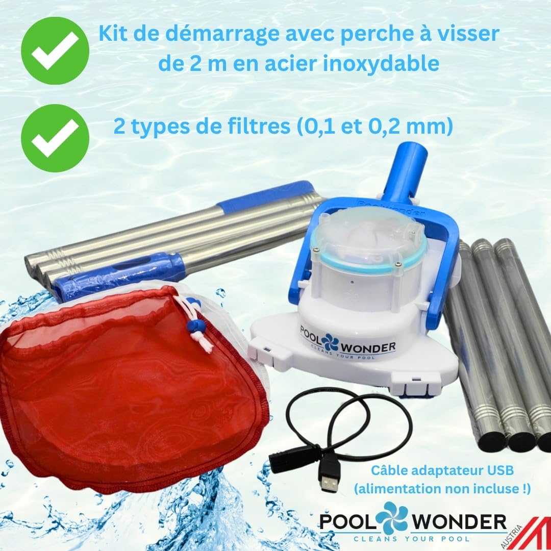 Poolwonder Cleverix Aspirateur pour Piscine à Batterie - Nettoyeur de Piscine Super Pratique Fabriqué en Autriche avec Poteau de Kit de Démarrage de 2 m