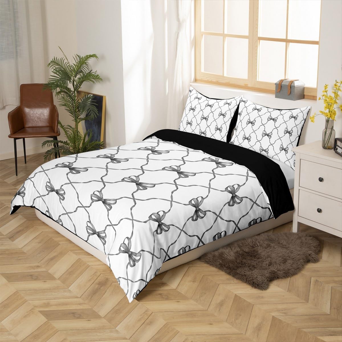 Erosebridal Cute Grey Bowknot Toddler Bedding Set for Girls,Kawaii Dreamy Princess Bow Comforter Cover,Geometric Check Bow Tie Kids Duvet Cover Watercolor Grey White Bow Quilt Cover