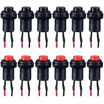 DMWD 12-Pack 12mm Mini Latching Push Button Switch ON-Off AC 250V/1.5A 125V/3A 2Pins with Pre-soldered Wire SPST Normal Open 1NO Micro Switch (6pcs Black+6pcs Red)
