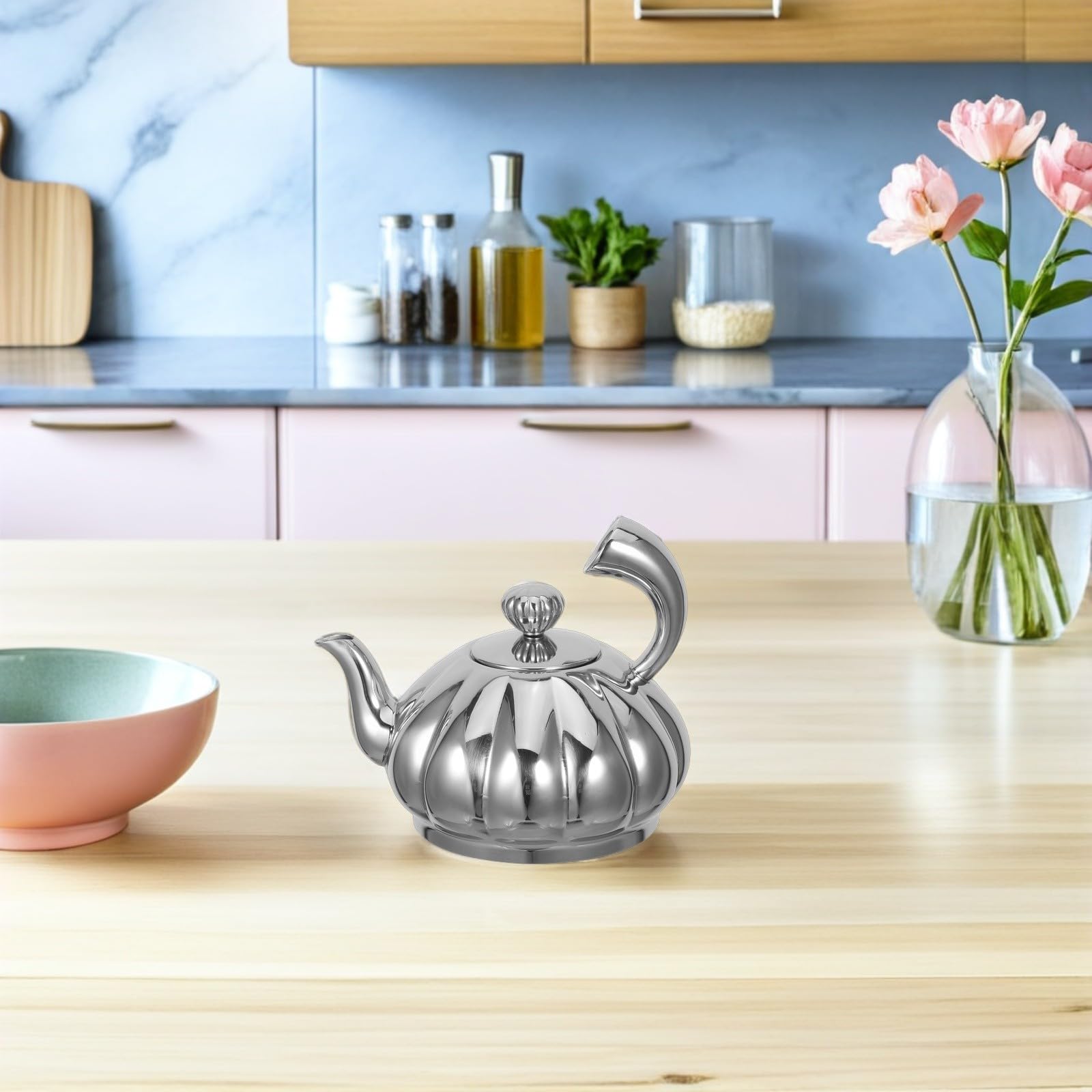 Kleine Teekanne aus Edelstahl mit Herausnehmbarem Infuser 350ml Kompakte Kürbisform Elegantes Design für Reisen und Büro