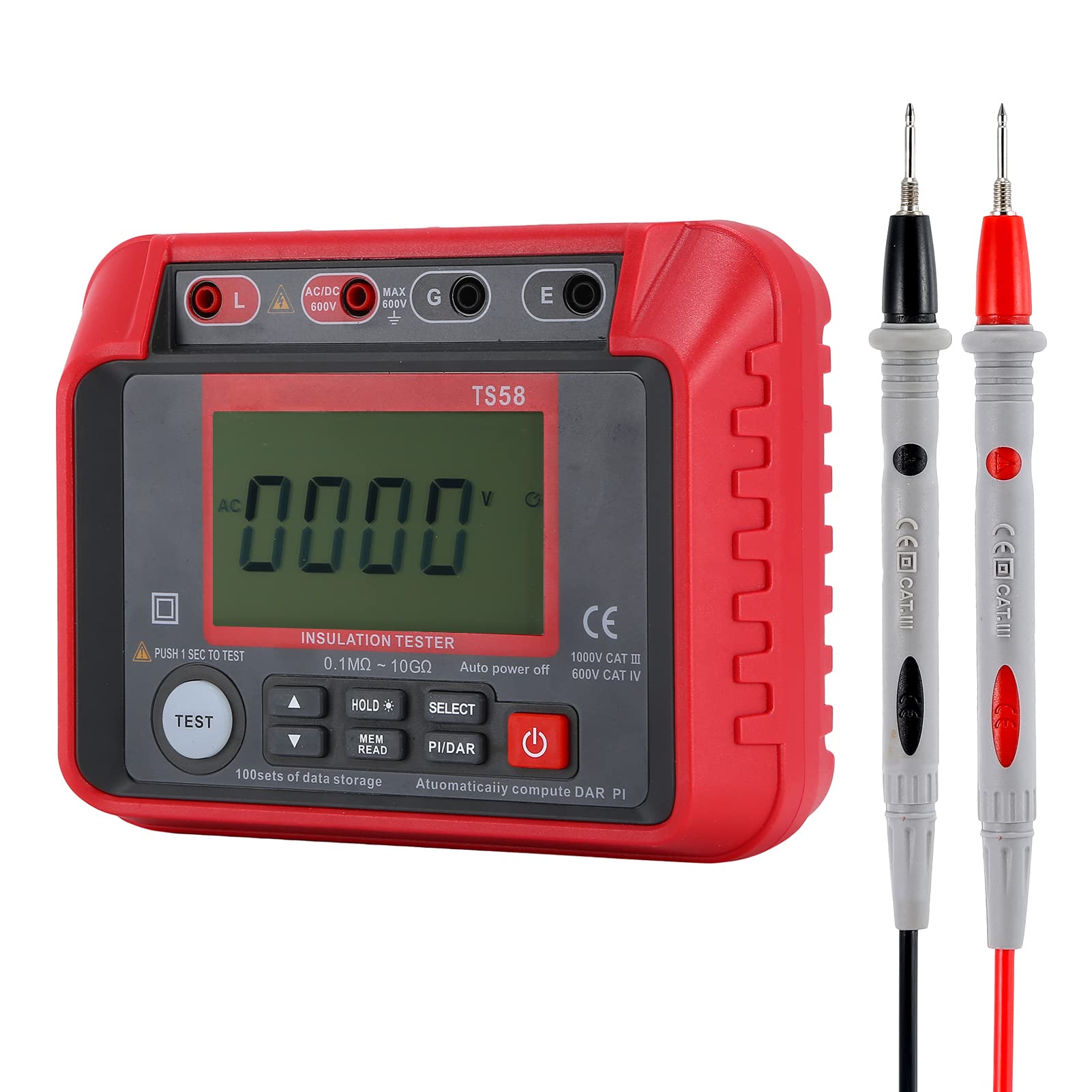 Domary Tester Rezystancji Izolacji Megaomomierz 0,1 MΩ-10 GΩ z Podświetlanym Wyświetlaczem LCD 2000 zliczeń Napięcie Prądu Stałego AC 10–600 V Indeks DAR PI do Konserwacji Sprzętu