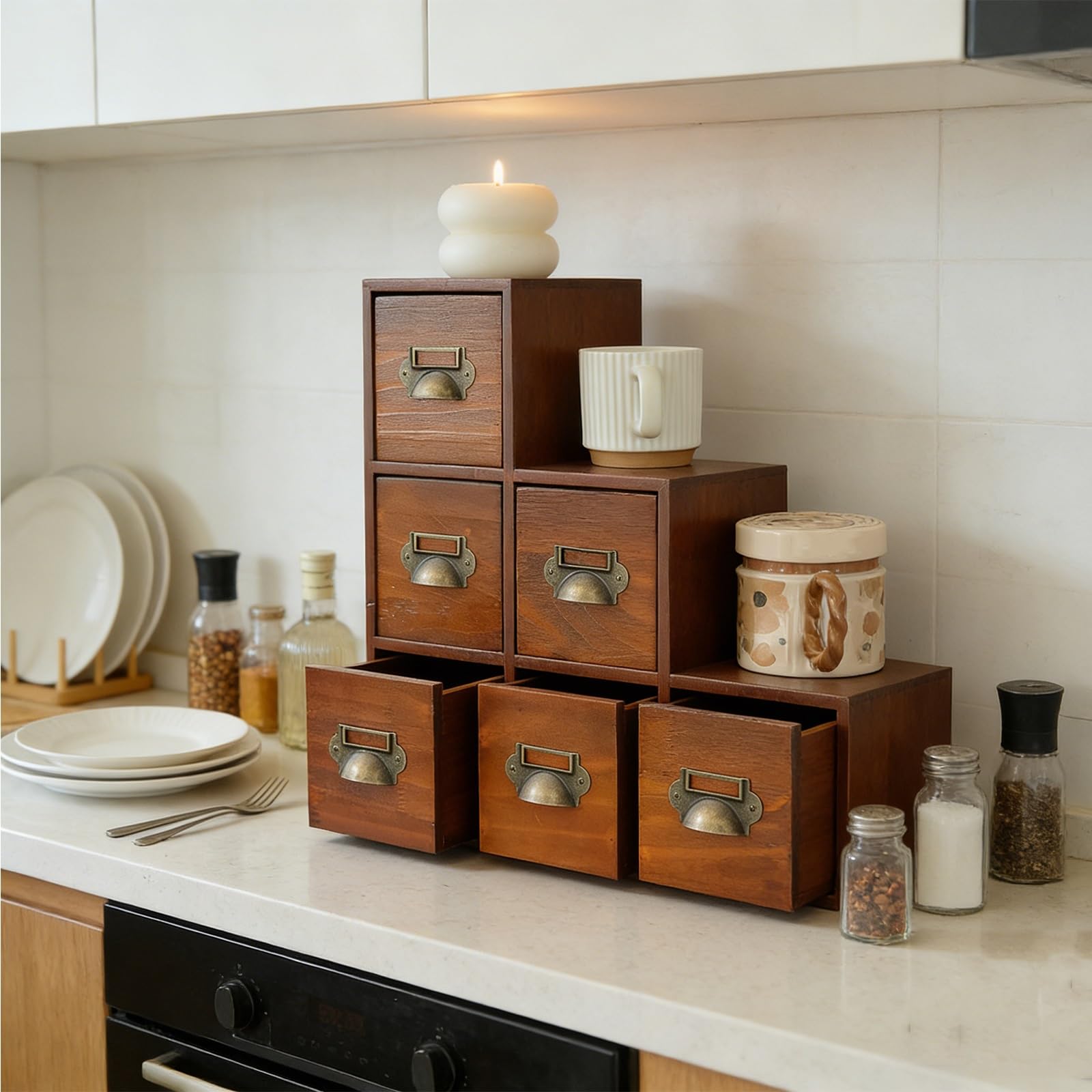 Gabinete De Almacenamiento De Madera, Organizador De Sobremesa Con Asas De Metal, Diseño Escalonado, Boticario Y Tarjetero Para Té, Manualidades, Cosméticos