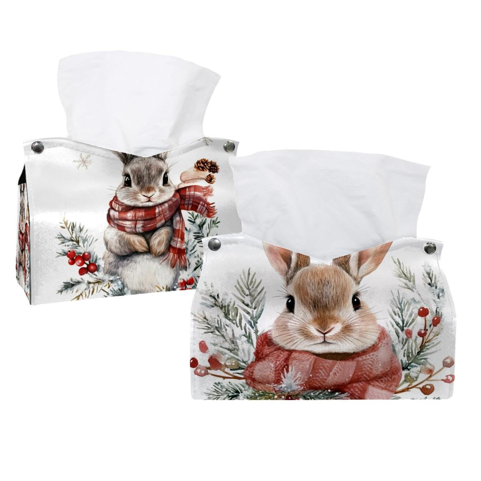 Boîte à mouchoirs décorative en cuir premium, motifs fleurs d'hiver et lapin