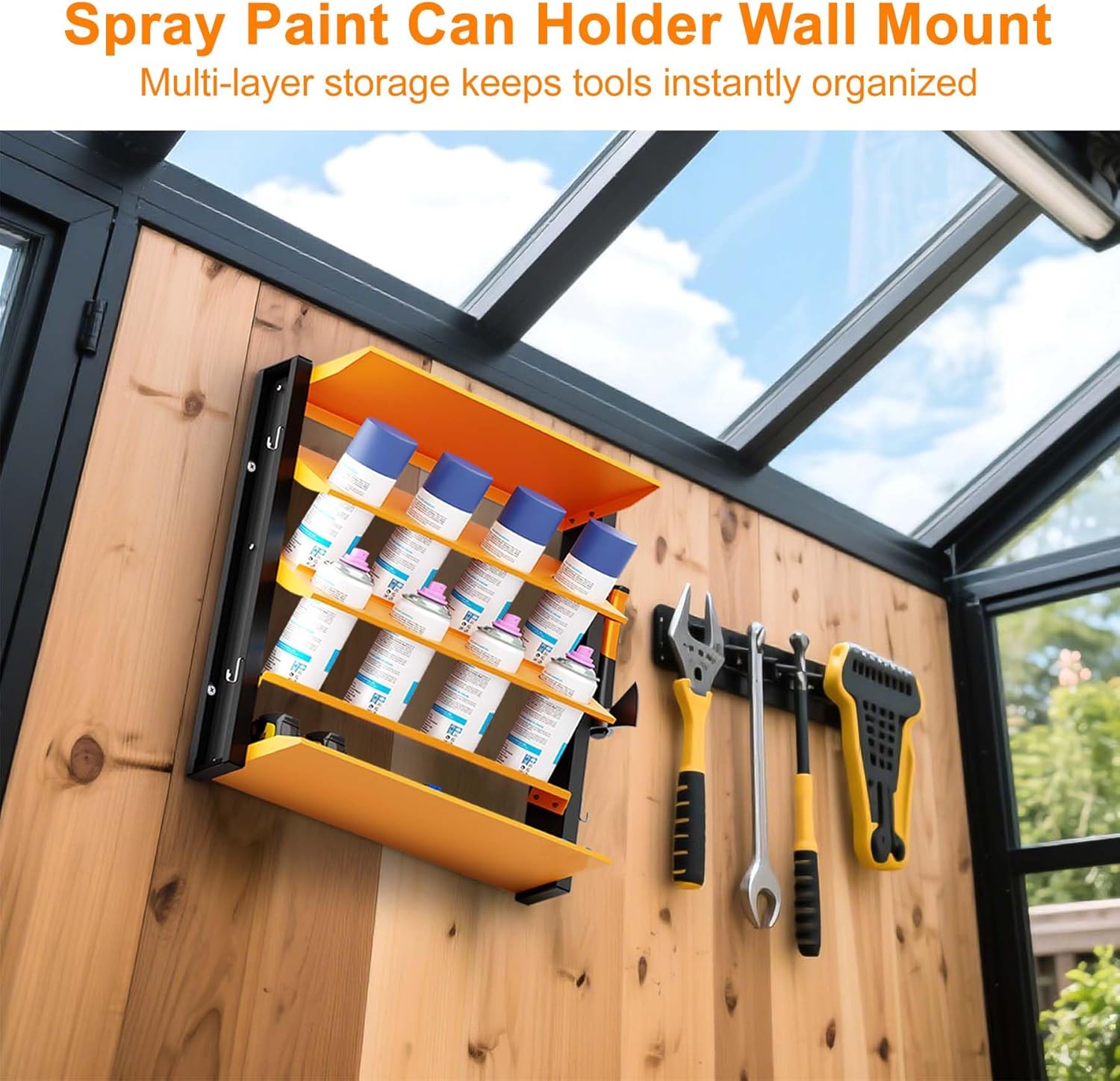 Wall Mount Spray Paint Can Holder with 2 storage shelves and 4 side hooks Spray Can Organizer Holds Heavy Duty Metal Spray Can Holder for Garage, Home, Shop