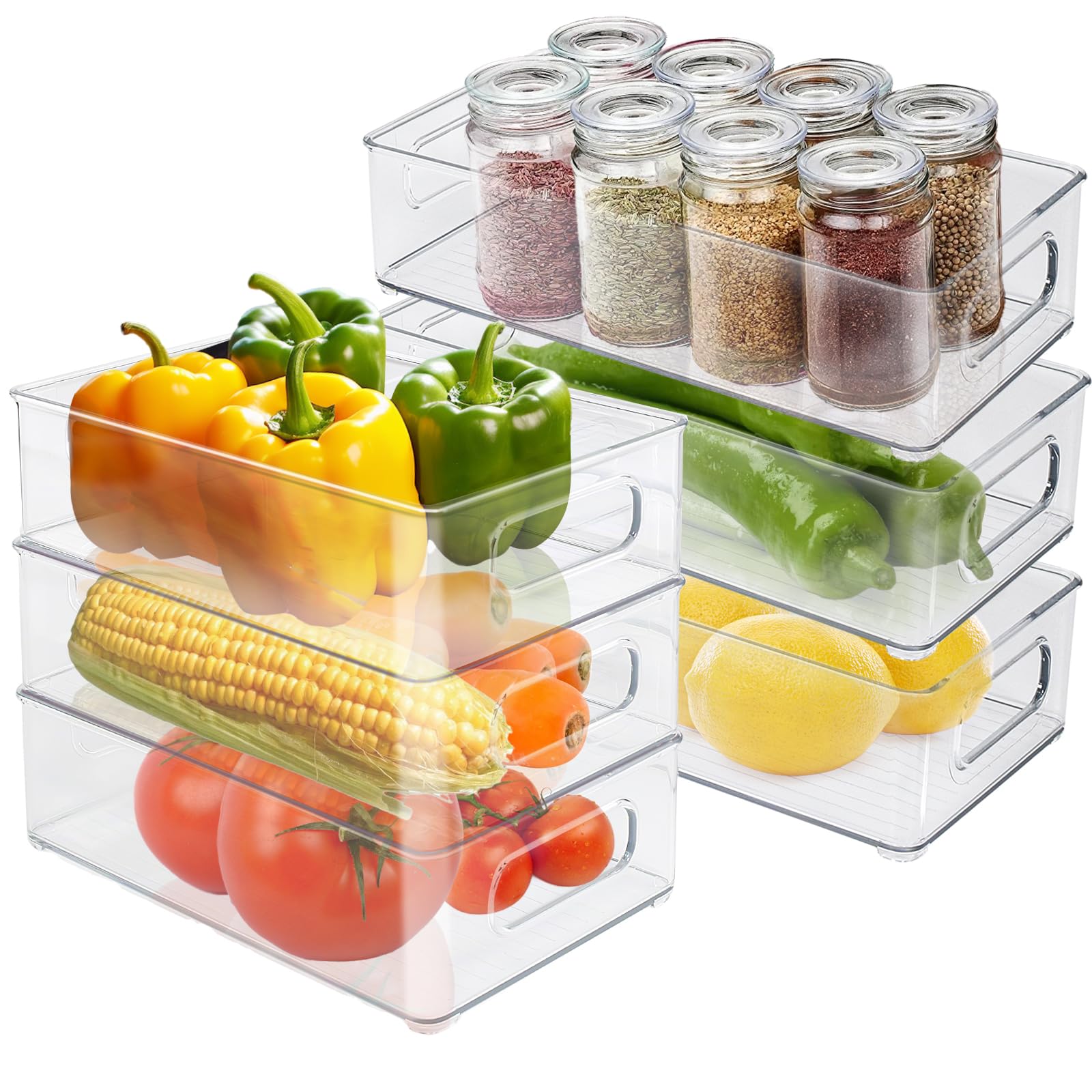 Set Di 6 Contenitori Per Cucina Con Manici - Organizzatore Frigorifero E Dispensa Trasparente, Senza BPA, 24x13x11 Cm