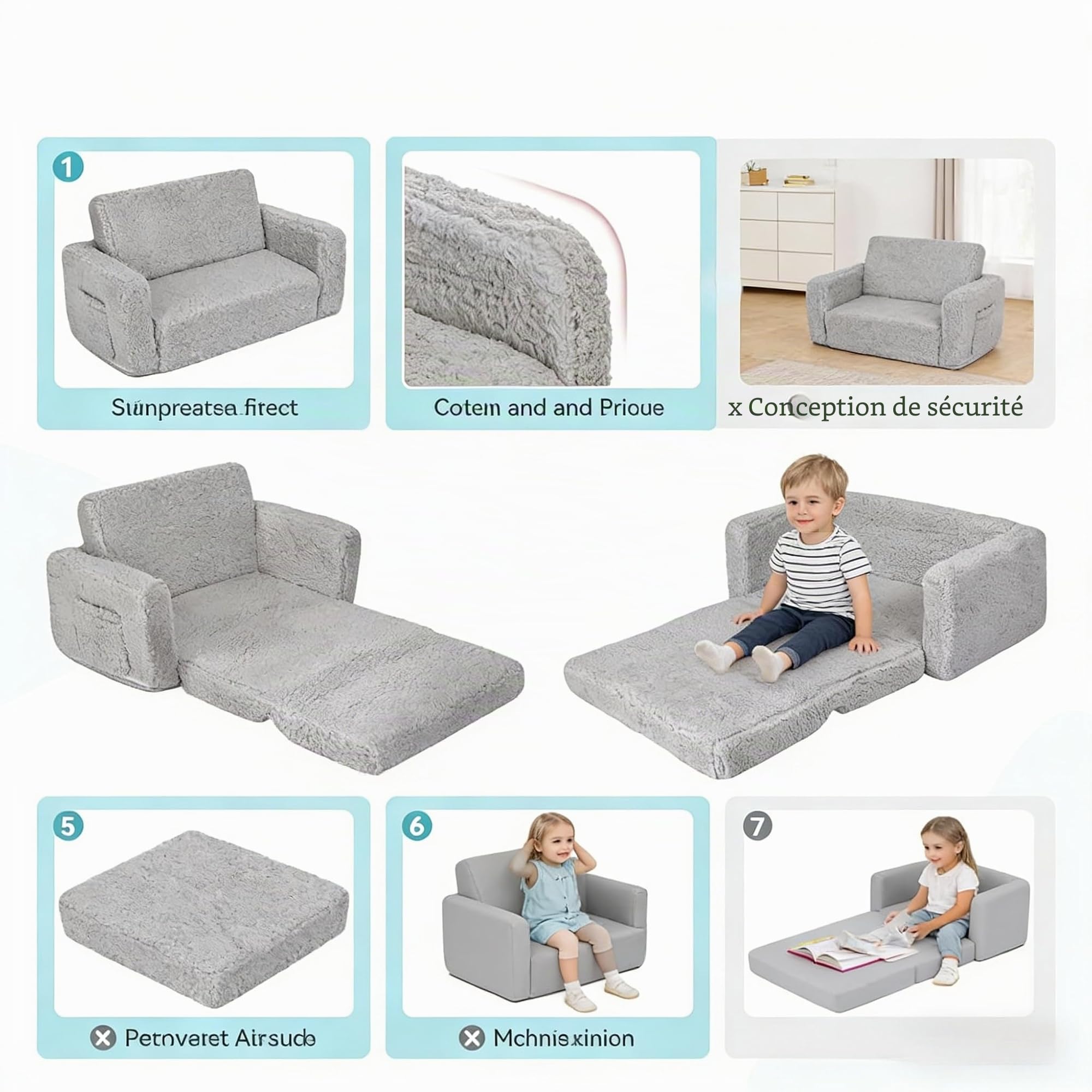 Canapé pour enfant pliable 2 en 1 pour enfants à partir de 1 an et canapé pour enfants avec housse amovible – Coin douillet pour chambre d'enfant, doux et sûr pour filles et garçons (gris)