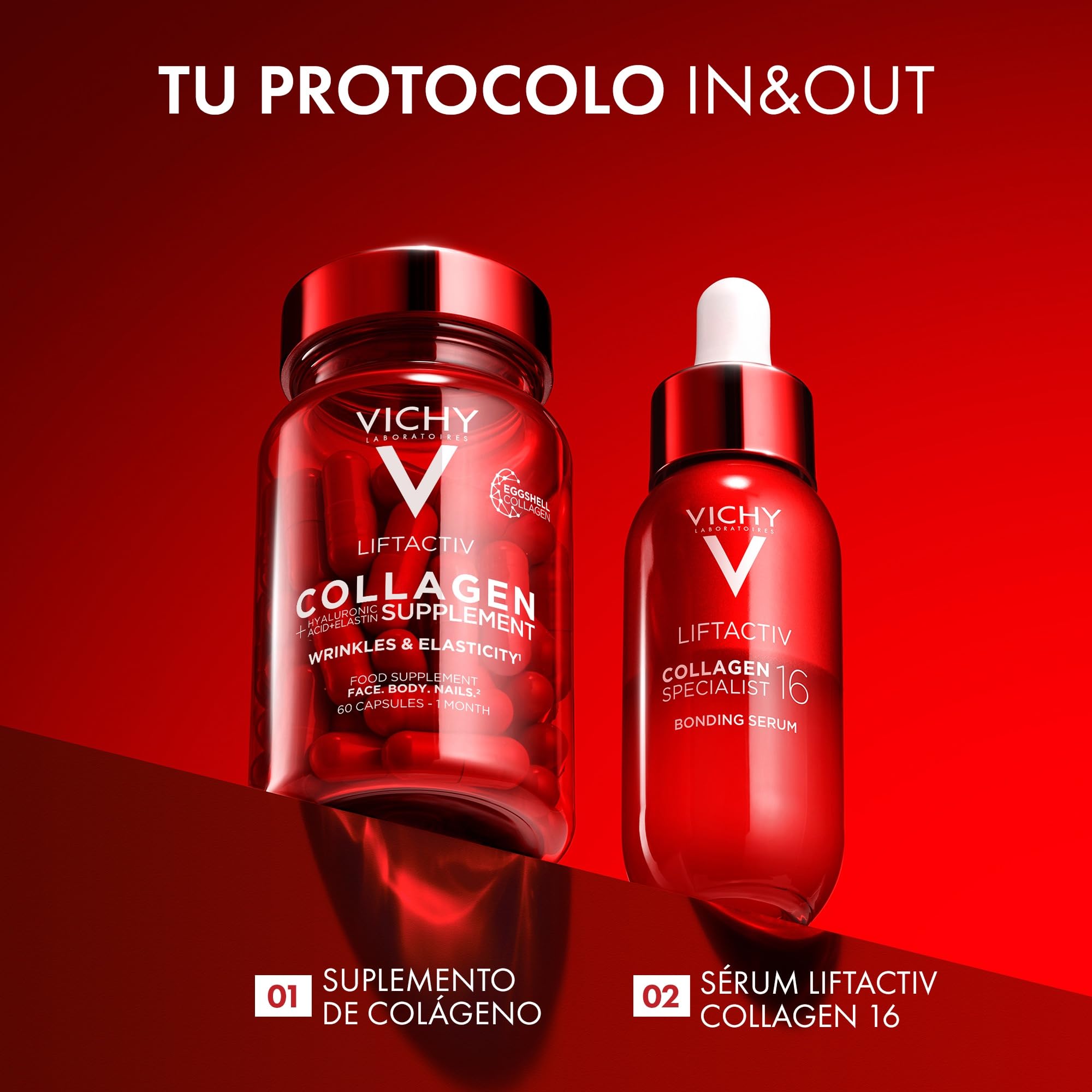 Vichy Liftactiv Suplemento de Colágeno para suavizar la apariencia de las arrugas, tonificar el cuerpo y reafirmar las uñas, para hombres y mujeres, 60 cápsulas.