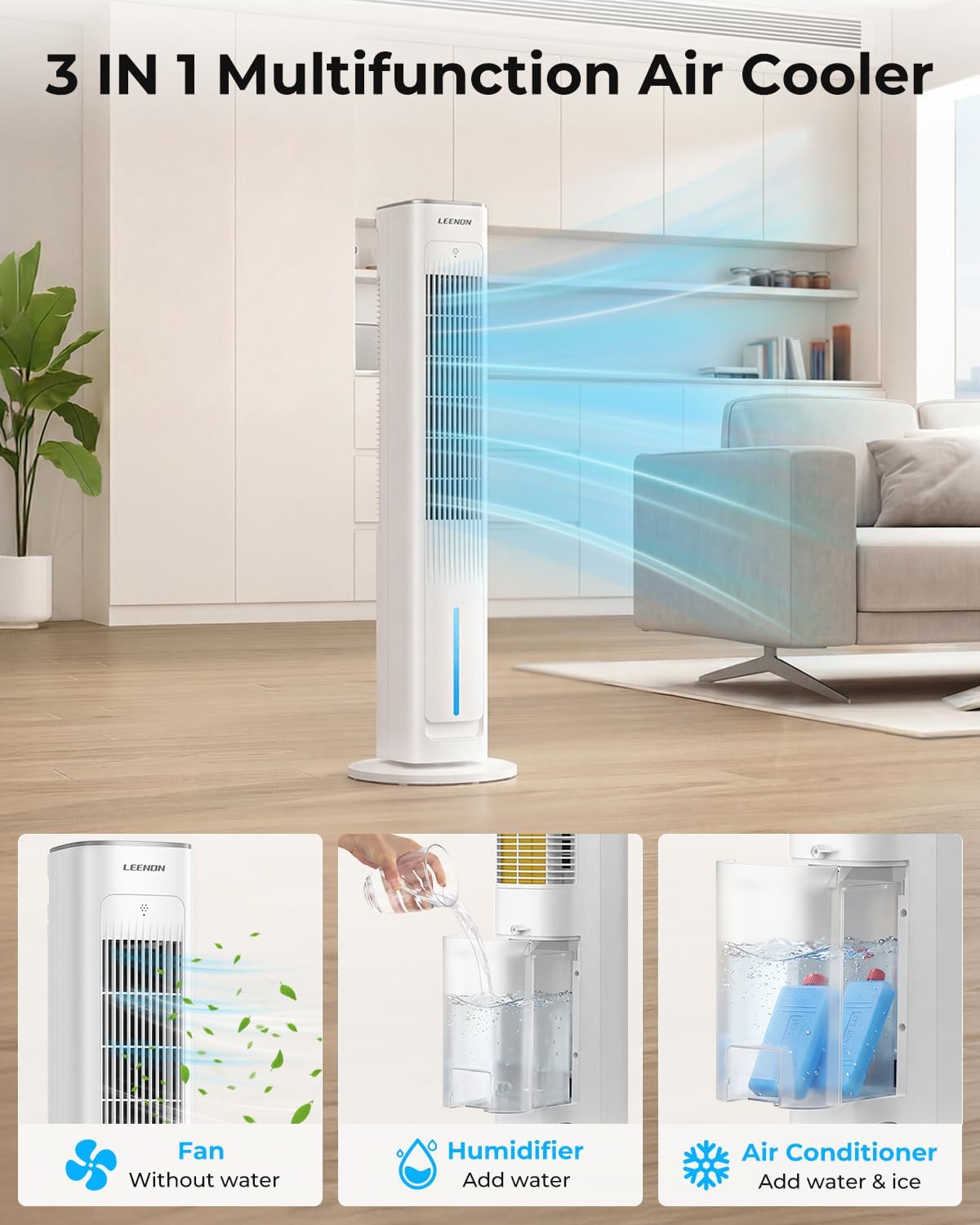 LEENON 3-in-1 Turmventilator mit Wasserkühlung, 38" Luftkühler (35dB leise), Fernbedienung, 3 Stufen & 4 Modi, 12H Timer, Oszillierend, Mobiler Verdunstungskühler für Schlafzimmer & Büro