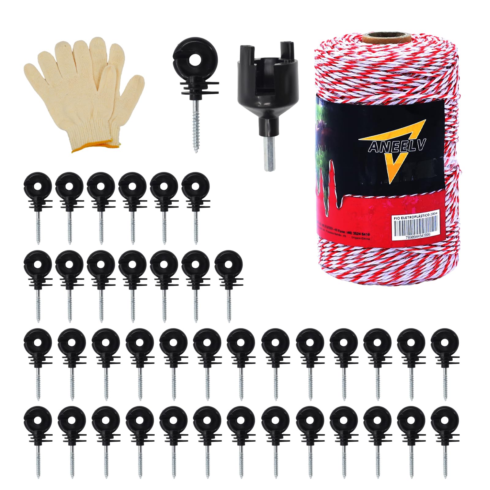 Set di filo spinato conduttivo migliorato con filo di acciaio a 6 fili e treccia in polietilene con 50 isolatori e strumento di inserimento isolatore. Portatile, efficiente e durevole, adatto per uso