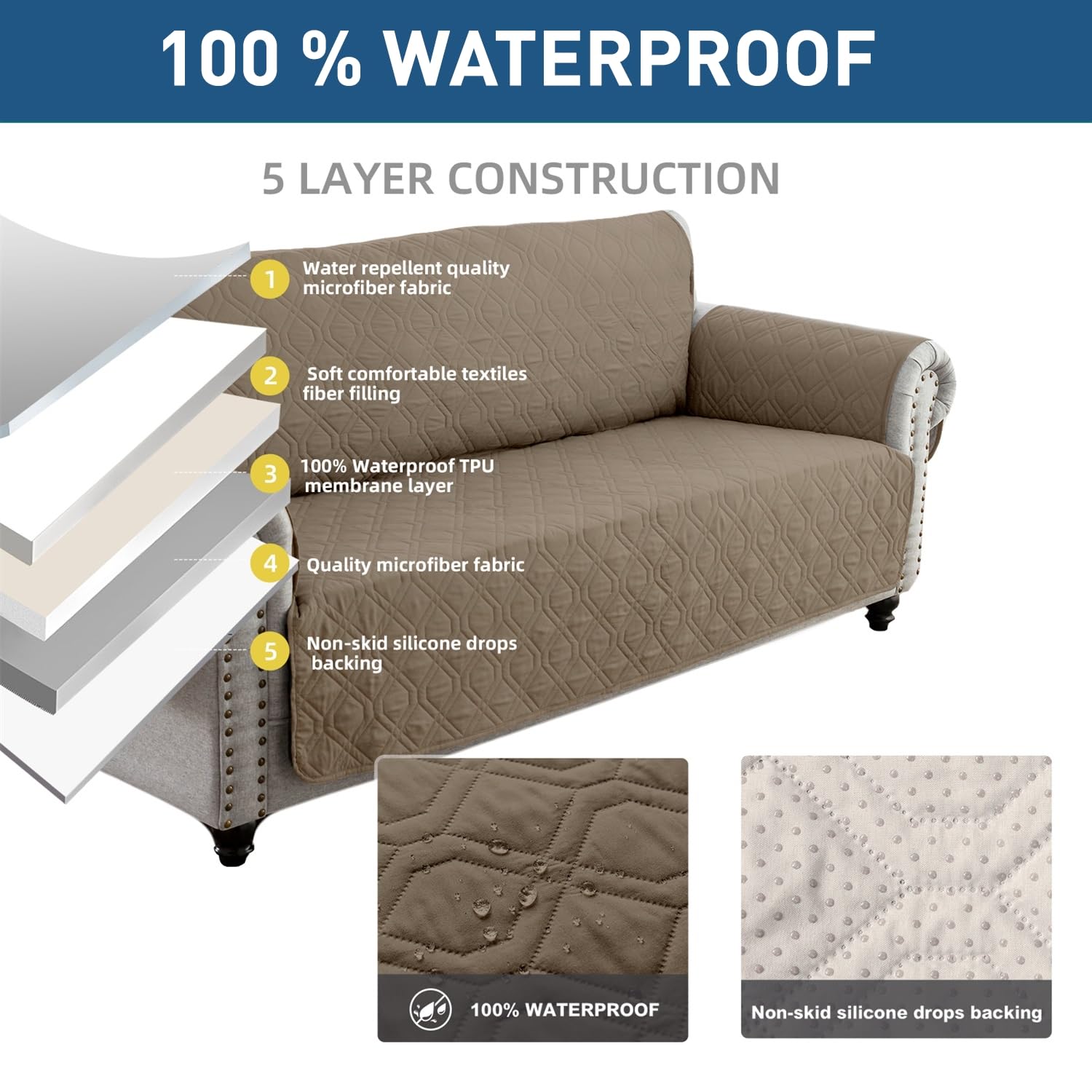 Housse de canapé 3 places imperméable et antidérapante, réversible, lavable - Protection matelassée et élastique - Pour meubles de couleur taupe