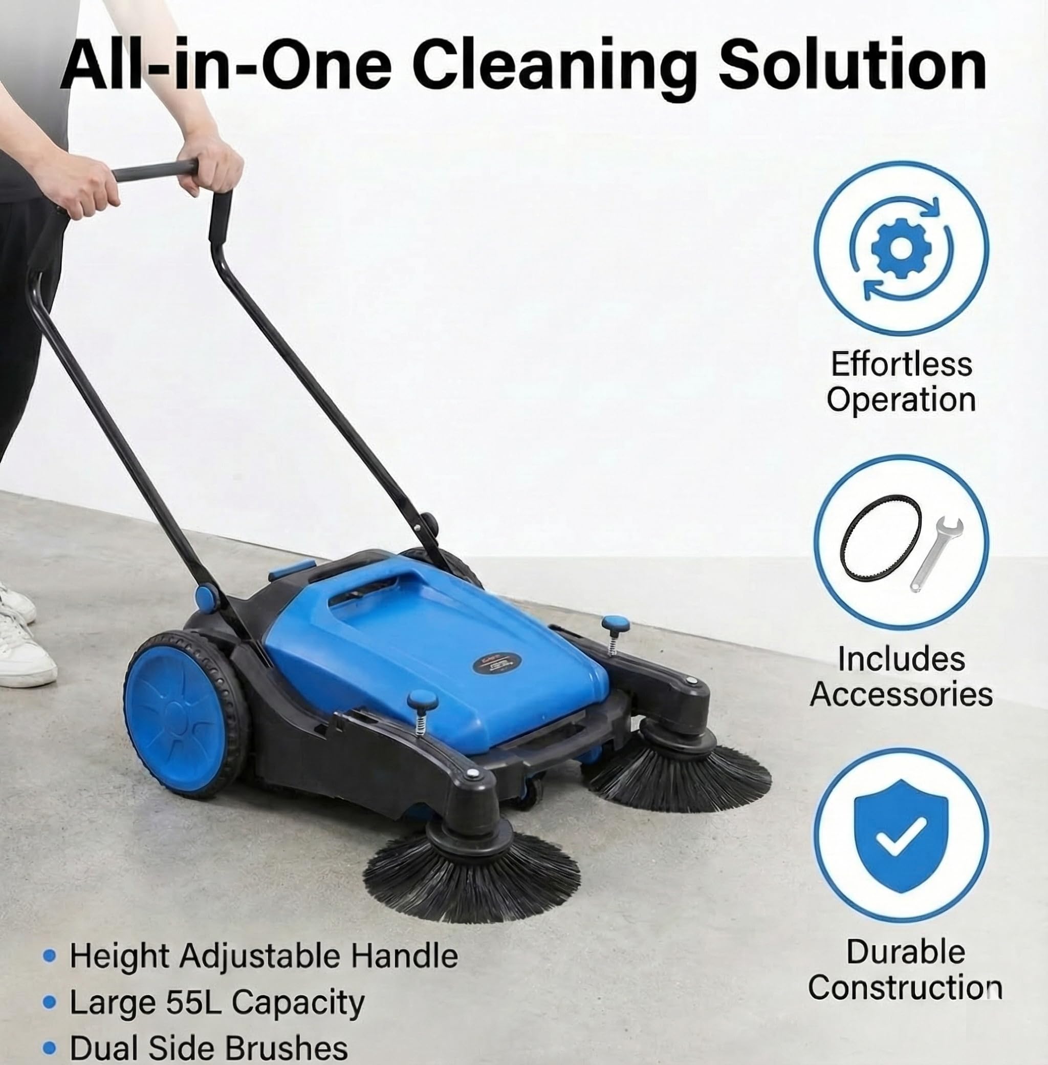 KATSU Tools Spazzatrice Manuale, 2 Spazzole Laterali, Contenitore Rifiuti da 55L, Larghezza di Spazzamento 1050mm, Manico Regolabile e Pieghevole, per Uso Interno ed Esterno 335140