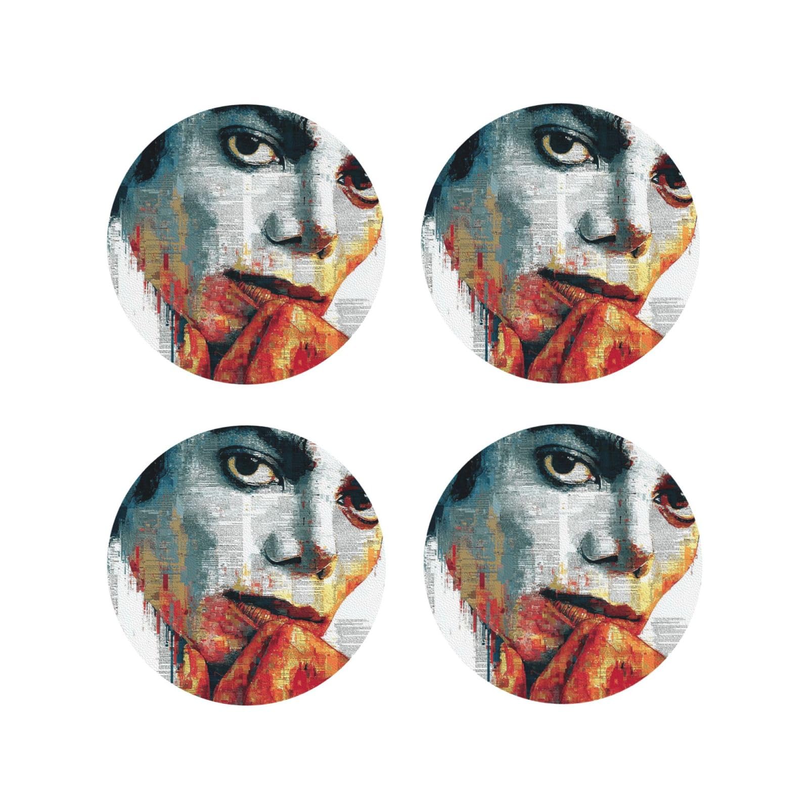 Coasters Set of 4 Round Leather Coaster Quick-Dry Drink Michael Jackson Coasters for Desk Absorbent Mugs Pads Tabletop Protection Pad Heat Resistant Coffee Cup Mat for Kitchen Bar