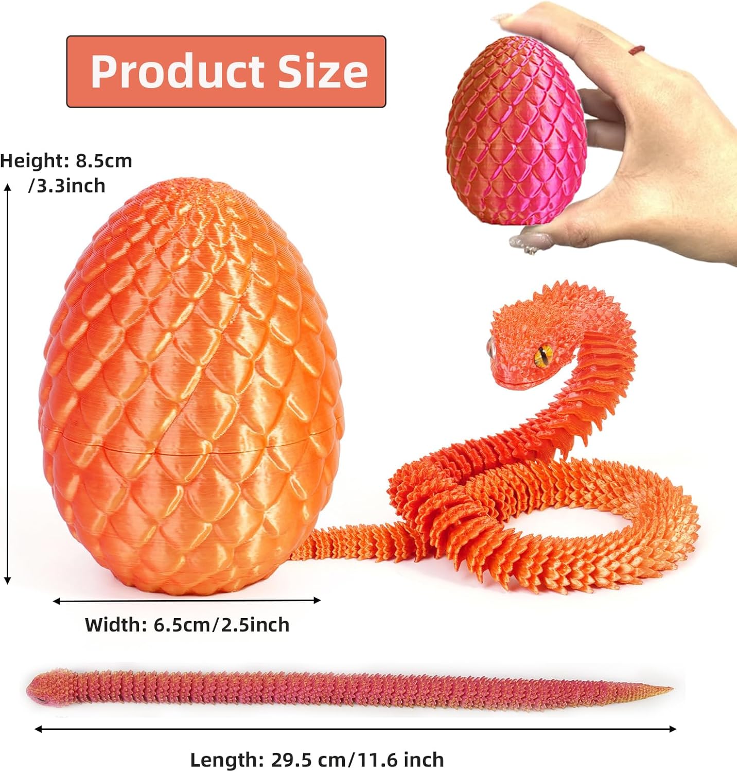 12 Inch 3D Printed Snake with Egg - 3D Snake Figure in Easter Eggs Articulated Snake - Office Toy for Desk Fidget Toy - for Adults and Children