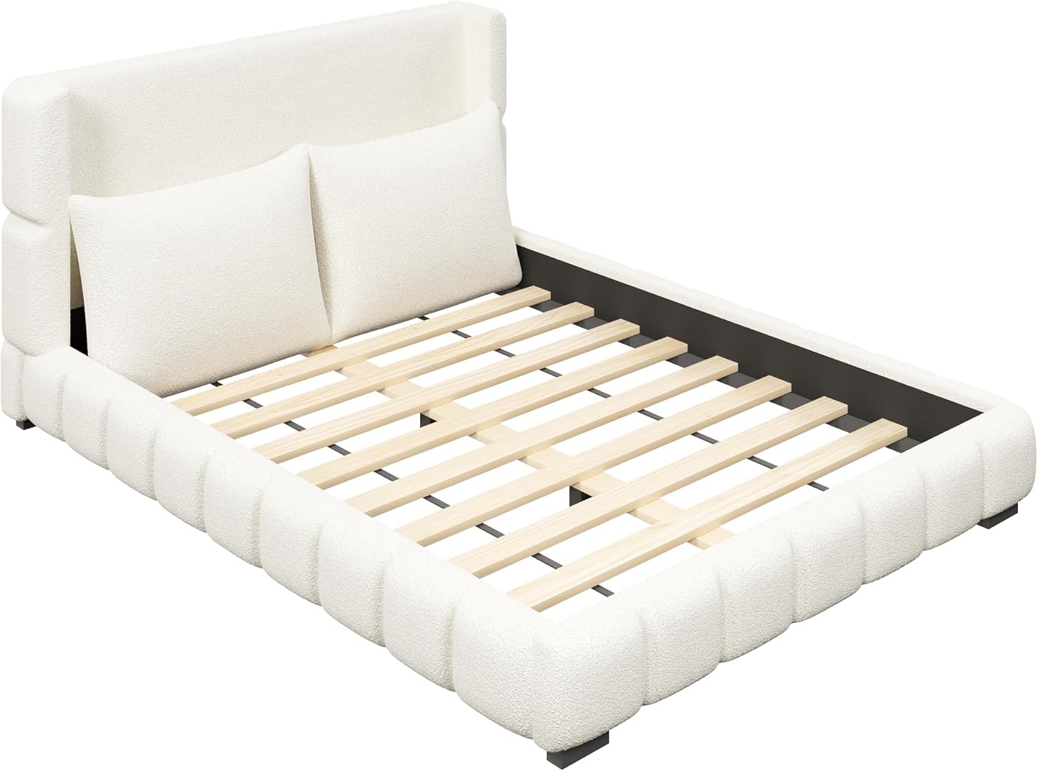 MERITLINE Queen Size Upholstered Platform Bed Frame with Headboard and 2 Pillows, Velvet Grounded Bed with Wood Slats, No Box Spring Needed, Noise-Free, Easy Assembly, White