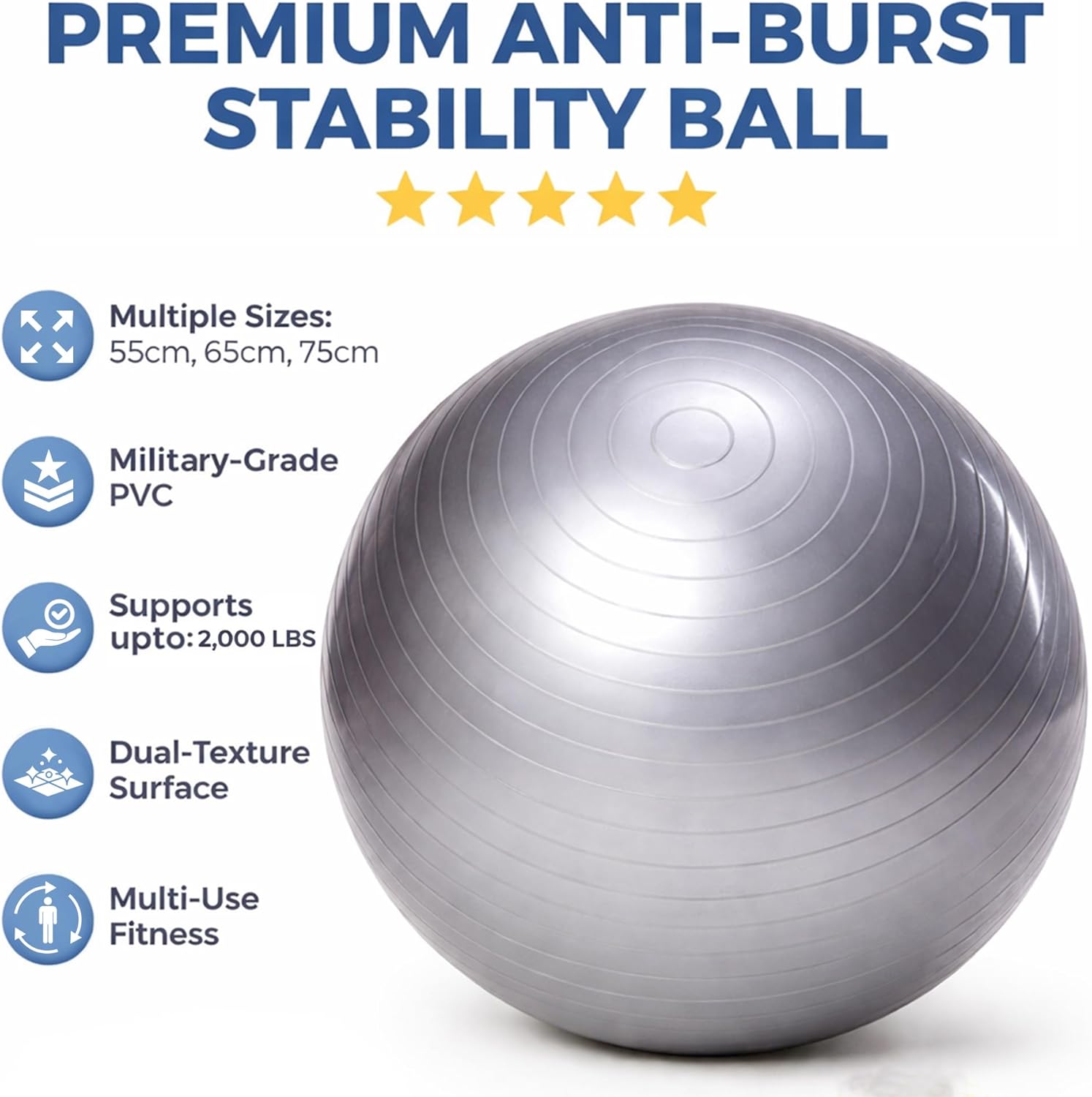 Amber Fight Gear Anti Burst Fitness Ball for Exercise, Stability, Yoga, Balance, Core Strength & Flexibility Extra Thick, Non-Slip Gym Ball for Home & Office Workout, 55cm